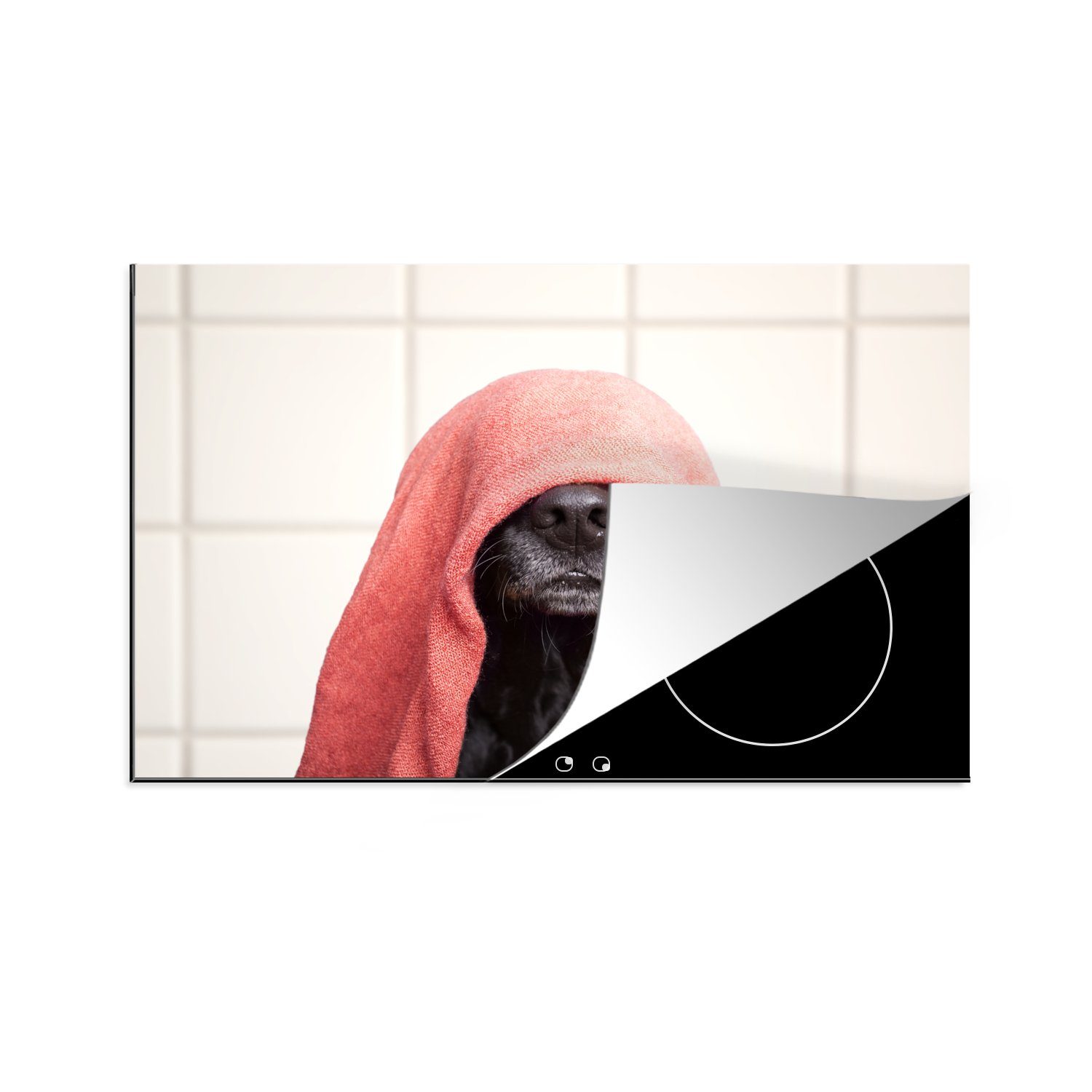MuchoWow Herdblende-/Abdeckplatte Hund mit einem roten Handtuch auf dem Kopf, Vinyl, (1 tlg), 81x52 cm, Induktionskochfeld Schutz für die küche, Ceranfeldabdeckung