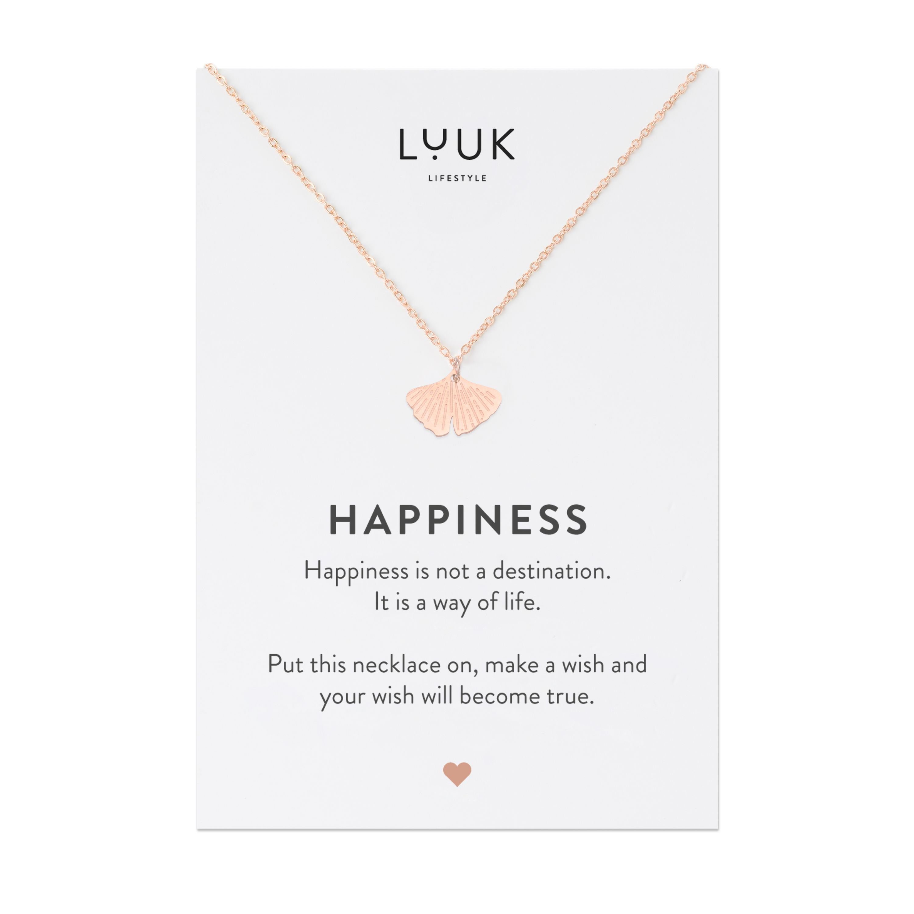 LUUK LIFESTYLE Kette mit Anhänger Ginkgo, Freundschaftskette, trendige Geschenkidee für Frauen und Teenagerin, Ginkgo Blatt Anhänger und HAPPINESS Geschenkkarte, Edelstahl, Roségold