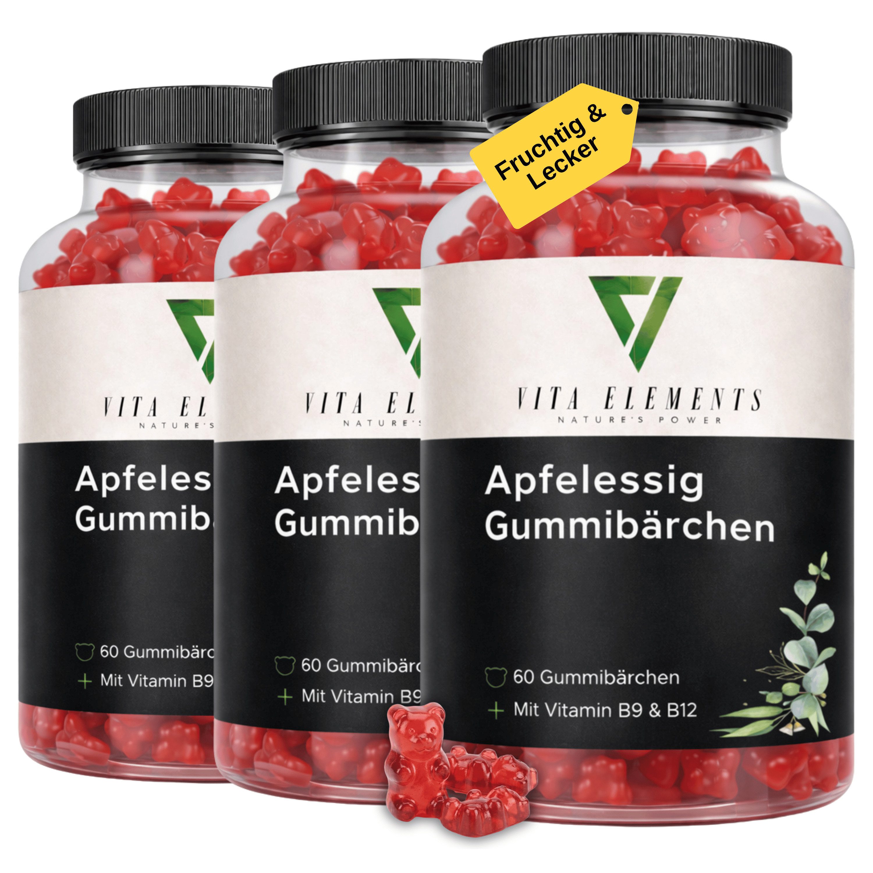 Vita Elements 3er Set Apfelessig Gummibärchen, 180 Stk. Vegan ohne Gentechnik und Laborgeprüft in Deutschland