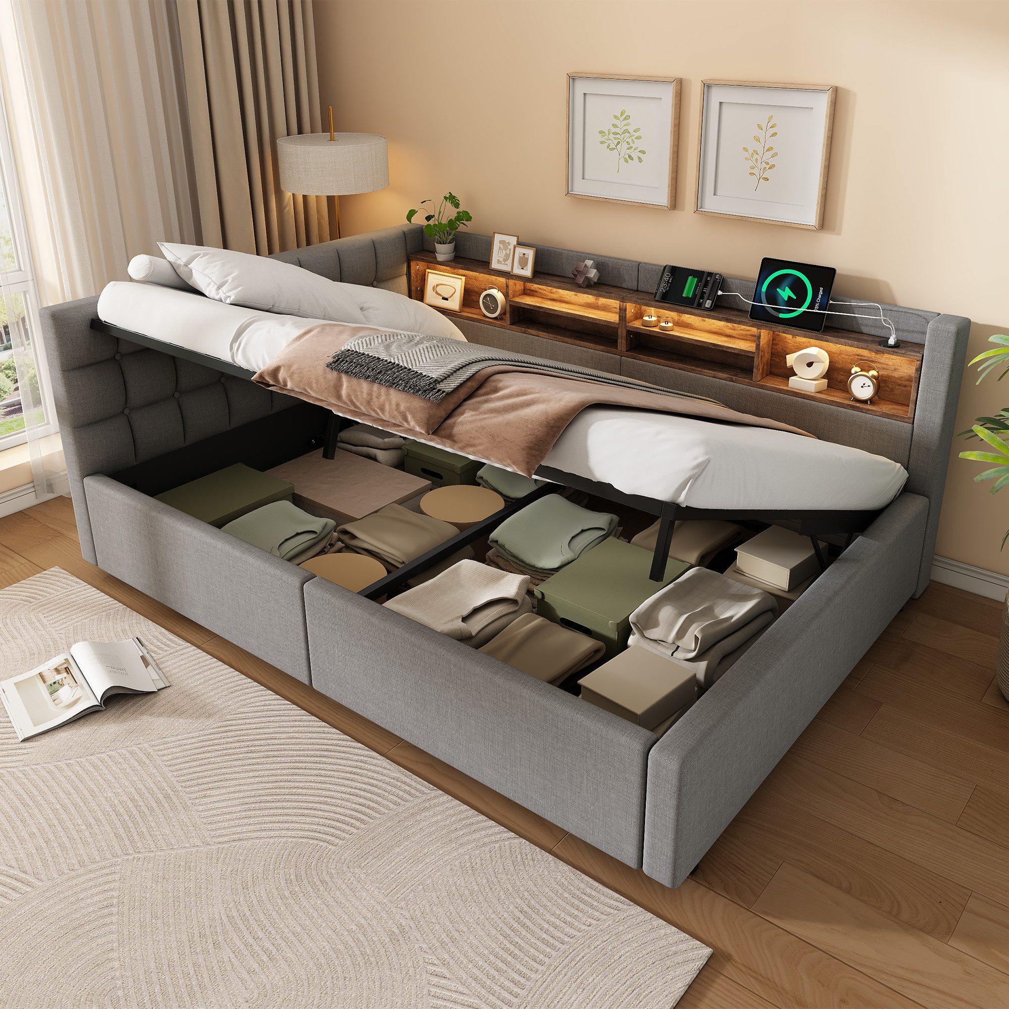 Ulife Daybett mit dimmbarer LED‑Leiste, praktischem Regal, Tagesbett, Schlafsofa, Hydraulische Lagerung mit USB‑Anschluss, 140 x 200 cm