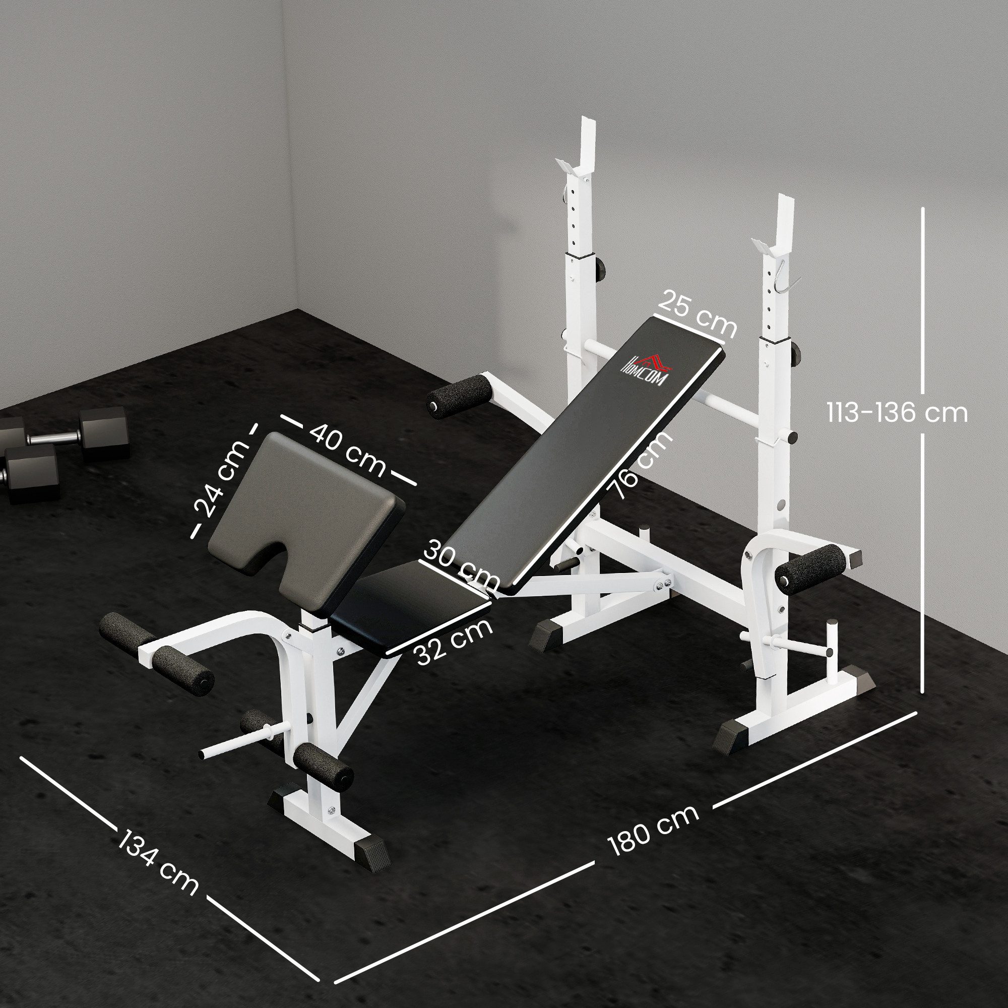 HOMCOM Hantelbank Verstellbar Multifunktionaler Trainingsbank mit Hantelablage, (Beinpresse, 1-tlg., Armauflage für Gewichtstraining), 180cm x 134cm x 136cm
