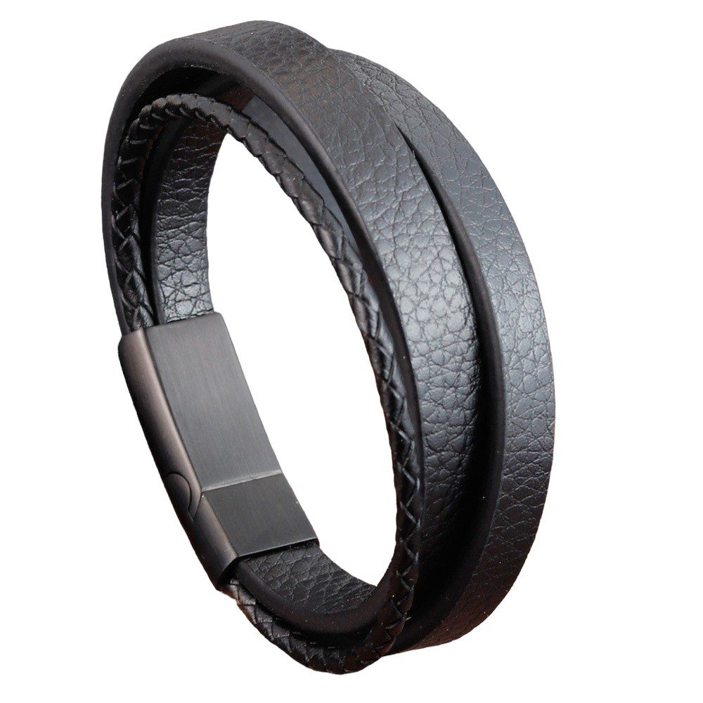 Lederarmband Herren Edelstahl mit 3 Lederstreifen Magnet Verschluss 21cm LBS214