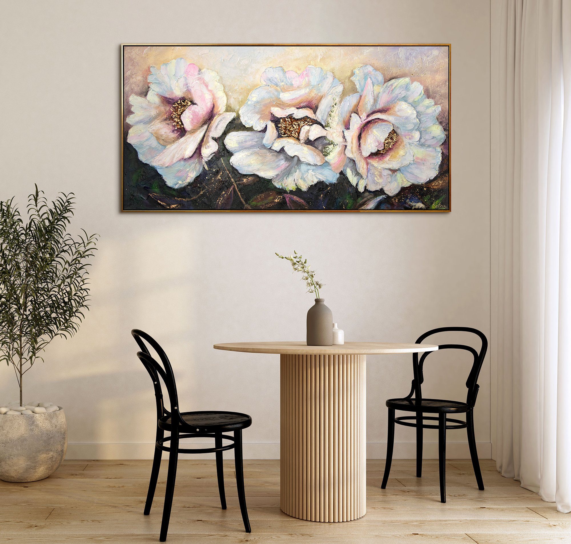 Bild Schwarz Handgemalt Pfingstrosen, Schwarz Leinwand in Rahmen Blumen, YS-Art Gold Gold mit Pfingstrose Gemälde Weiß Mit
