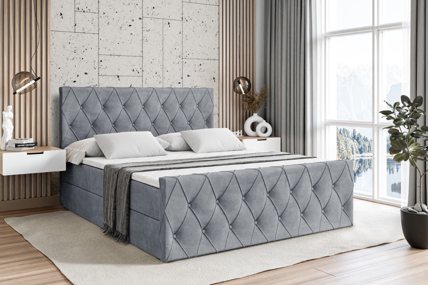 ALTDECOR Boxbett AMAY (mit Matratze Lattenrost Topper Polsterbett mit Bettkasten Doppelbett), H4 Multipocket / H3 Bonellfederung, Springboxbett Boxspringbett
