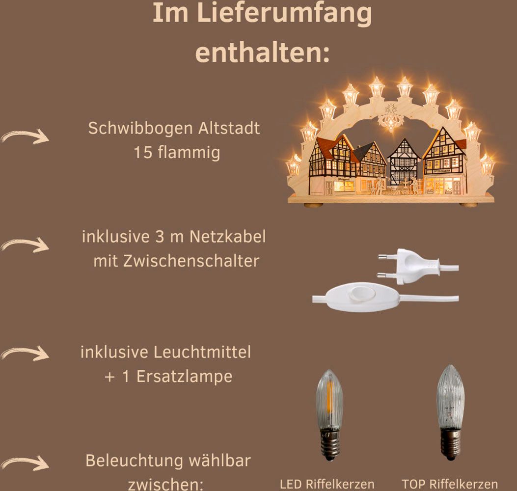 Weigla LED Schwibbogen Altstadt, Fachwerkhaus, Lichterbogen aus Holz, Made in Germany (1-tlg), Erzgebirge garantiert, Weihnachtsdeko Innen, Weihnachtsbeleuchtung