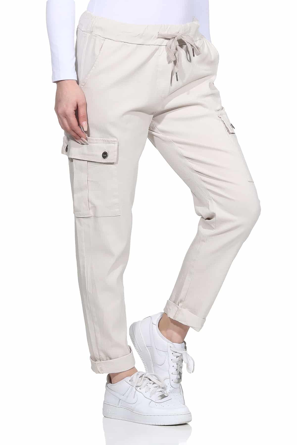 OriginalYou Cargohose Damen Freizeithose Schlupfhose moderne Stoffhose elastischer Bund, Knitterlook