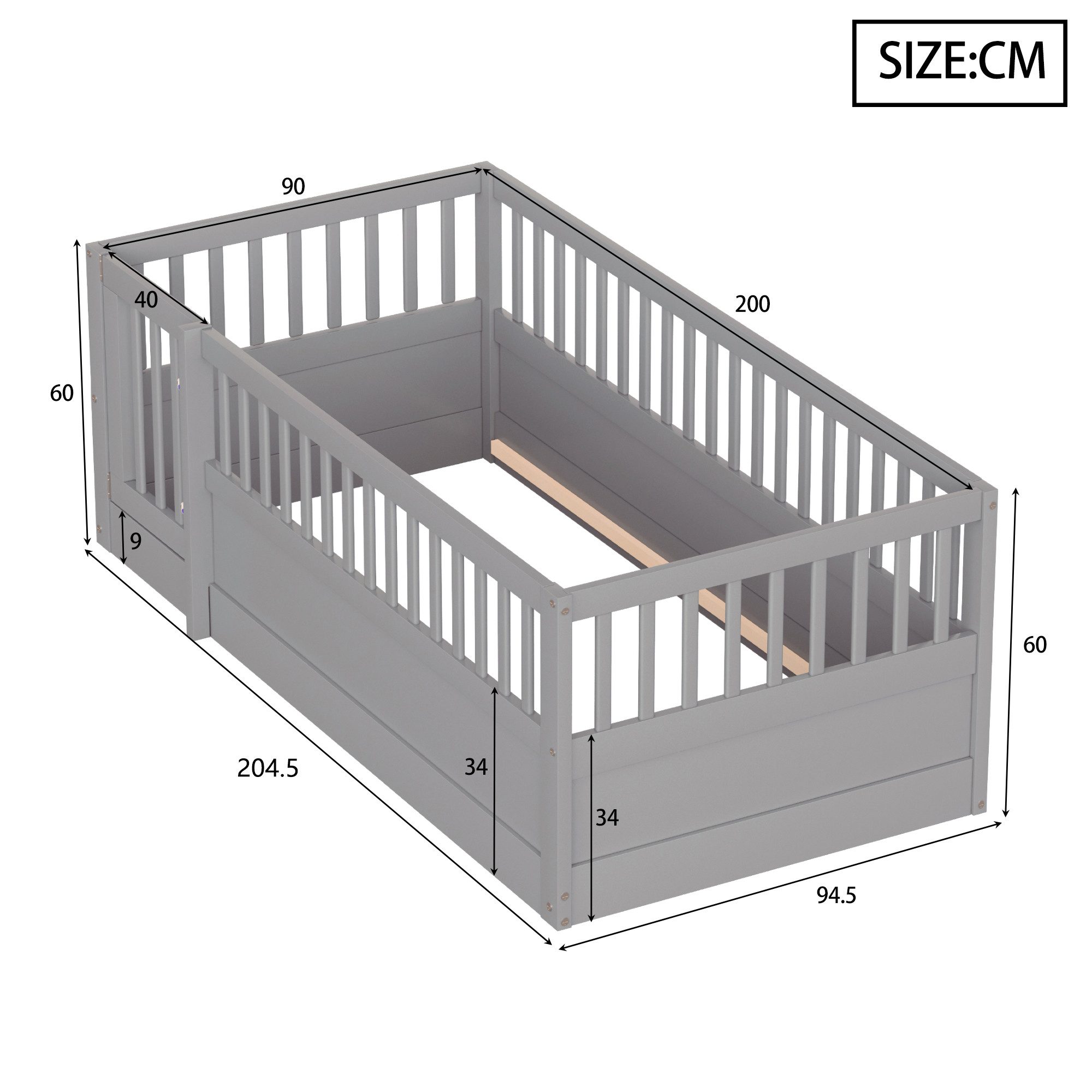 Odikalo Kinderbett Babybett 90x200, Rundum-Absturzschutz (Holzbettgestell mit Gitter und Tür)