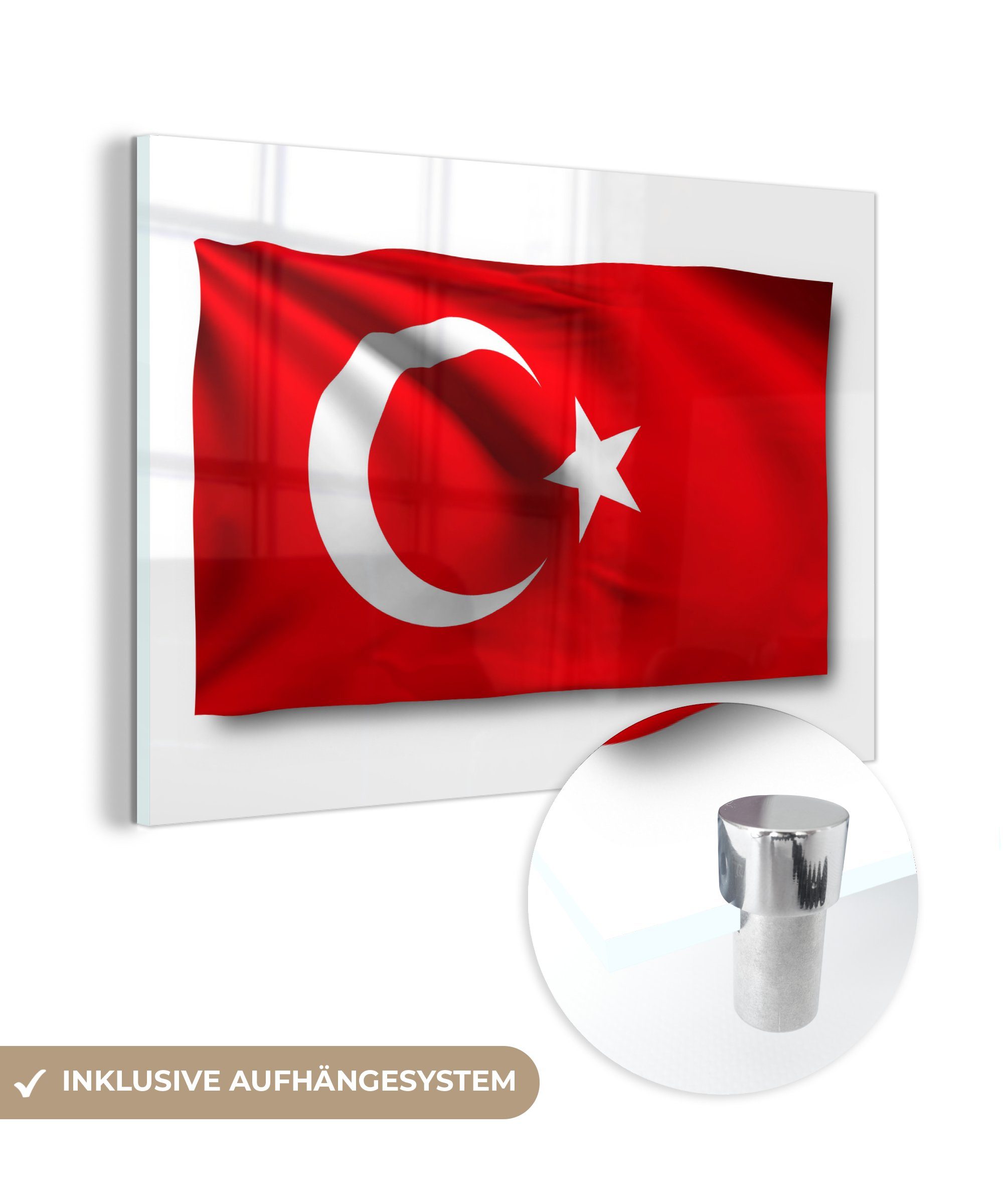 Türkei Acrylglasbilder MuchoWow Wohnzimmer St), auf Flagge der Hintergrund, Acrylglasbild & weißem (1 Schlafzimmer