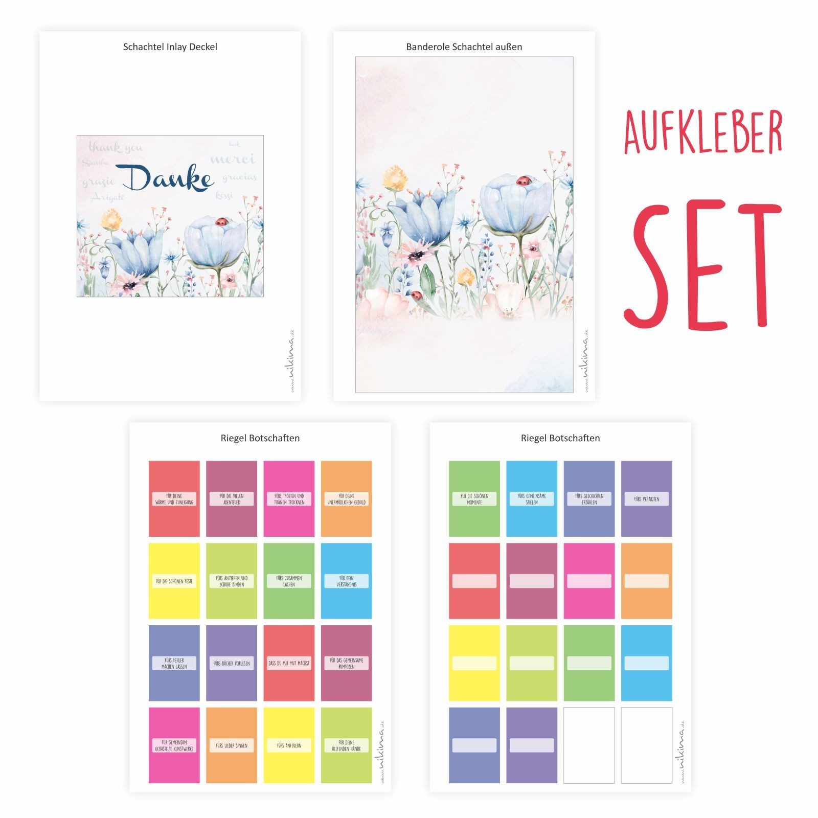 nikima Packpapier AUFKLEBER SET - Merci Danke Blumen Abschiedsgeschenk Kita Erzieher
