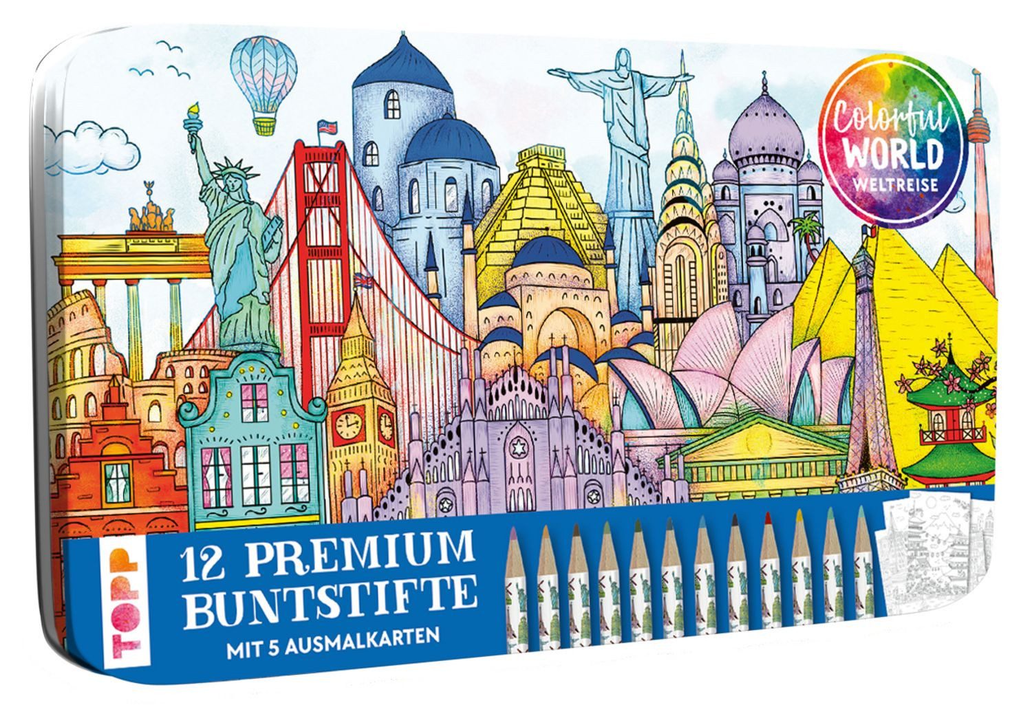 frechverlag Filzstift Colorful World Weltreise Designdose mit 12 Buntstiften 12 Premium Bunt