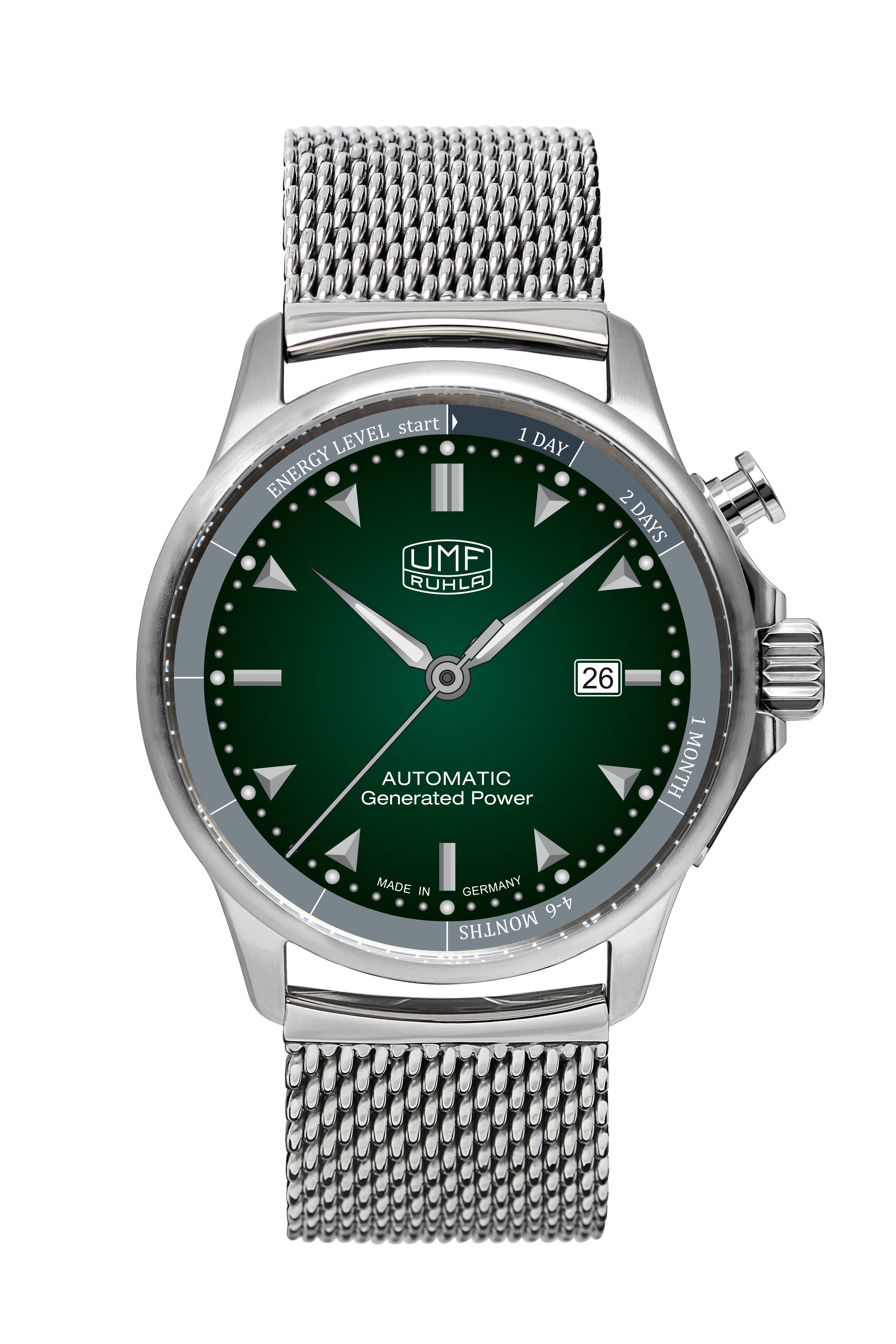 UMF Ruhla Kineticuhr 1062M-4, Autokinetic Herrenuhr, Ziffernblatt in Grün mit Milanaiseband - Made in Germany