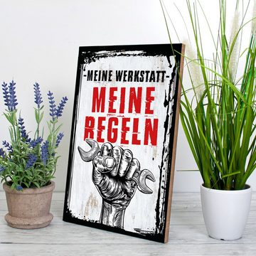 Kreative Feder Holzbild Deko-Bild „Meine Werkstatt“ aus Holz, mit Motiv & Spruch, ideales Geschenk für Freunde & Familie