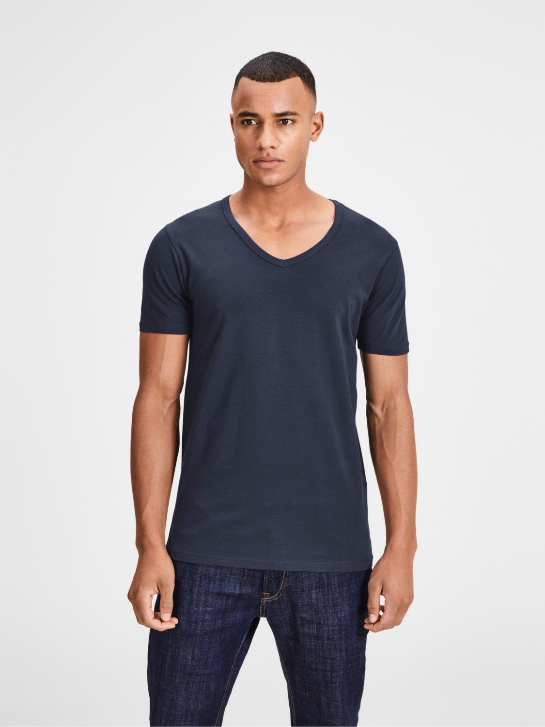 geschnitten, etwas T-Shirt länger nicht blau Pack) 3er (3-tlg., kurz Basic Jack zu Jones V-Neck &