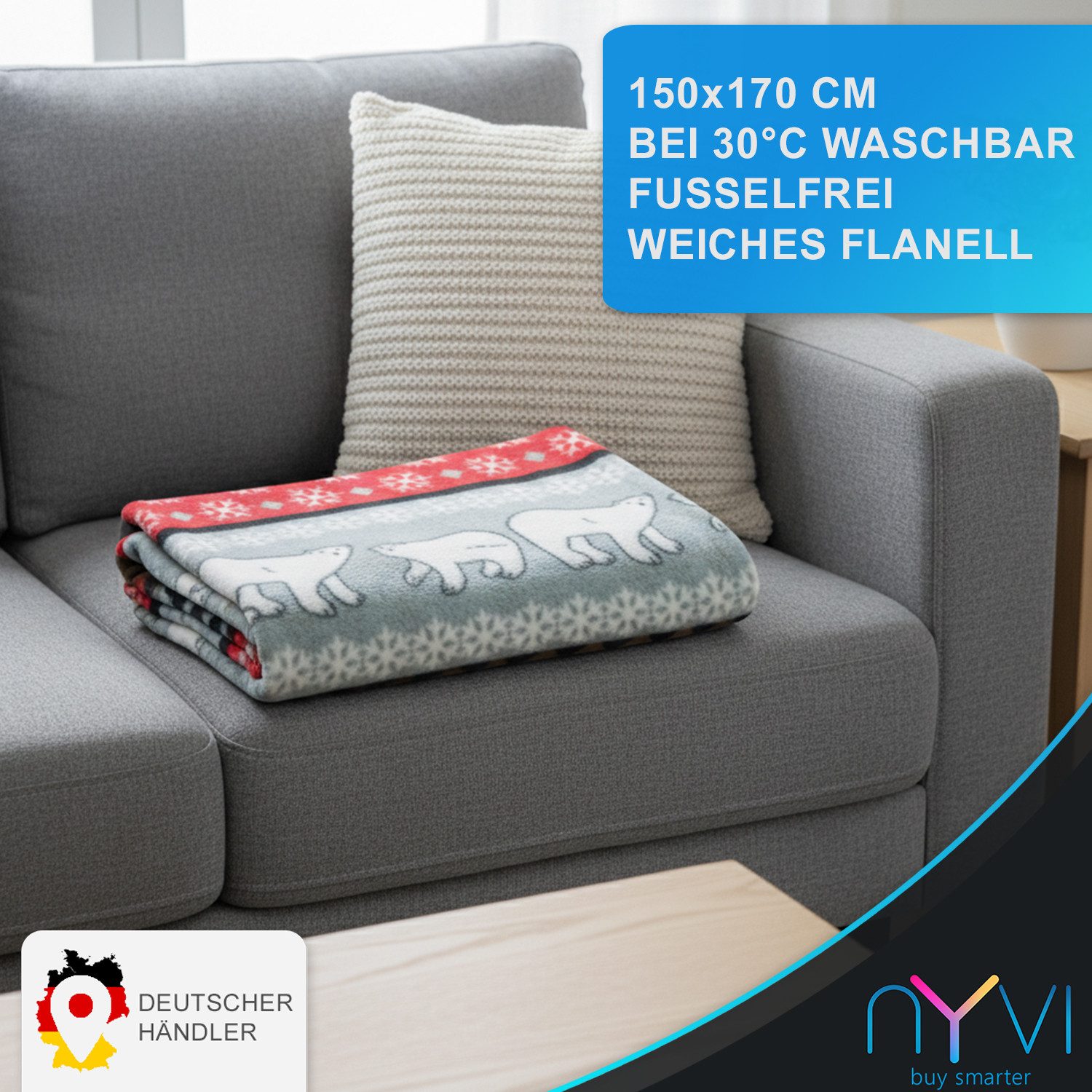 Wohndecke Ärmeldecke CozyBear - tragbare Flanell Sofadecke mit Ärmeln, NYVI, Kuscheldecke mit Ärmeln - TV-Blanket zum Anziehen - Weihnachtsdesign