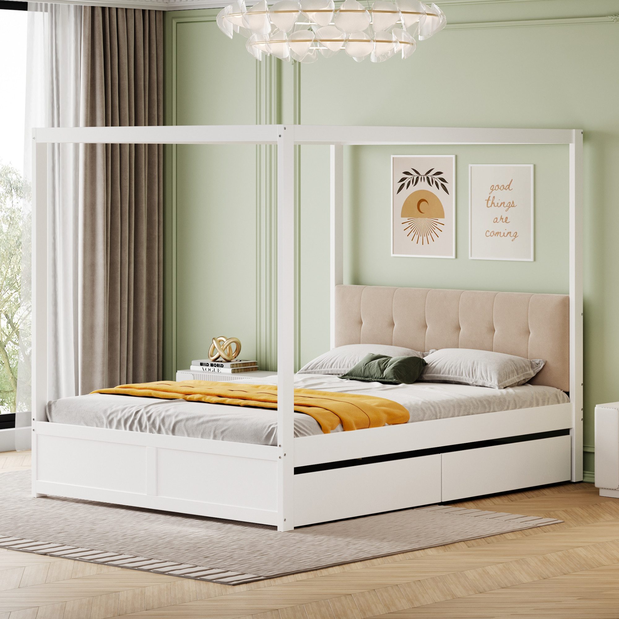 STILVORA Bettgestell 140×200 Jugendbett mit Stauraum & Rückenlehne,Doppelbett ohne Matratze (mit großen Schubladen und gepolsterter Rückenlehne, 140 x 200 cm), ohne Matratze