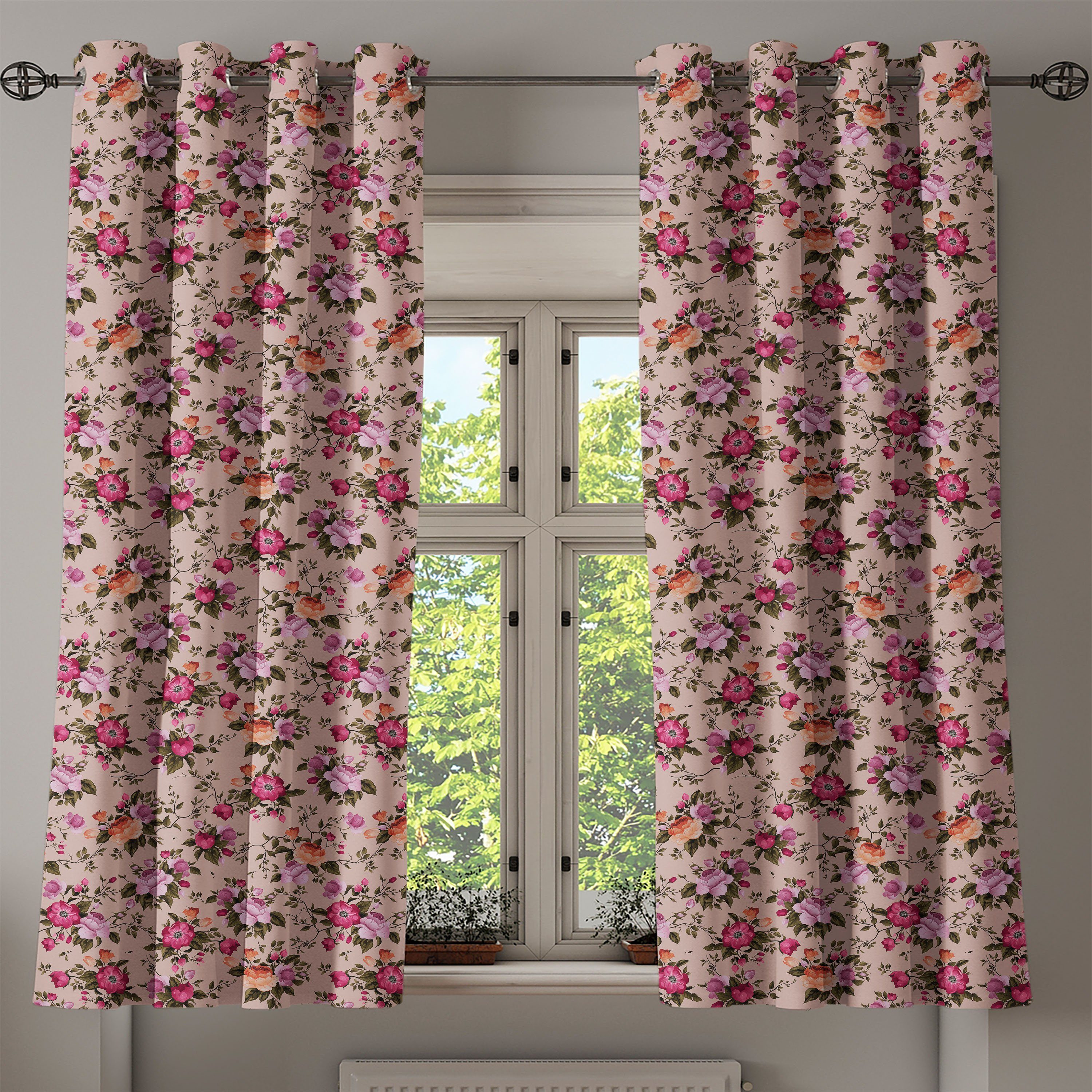 Rose Dekorative Blumenmuster Abakuhaus, Gardine für Wohnzimmer, Schlafzimmer 2-Panel-Fenstervorhänge Blume mit