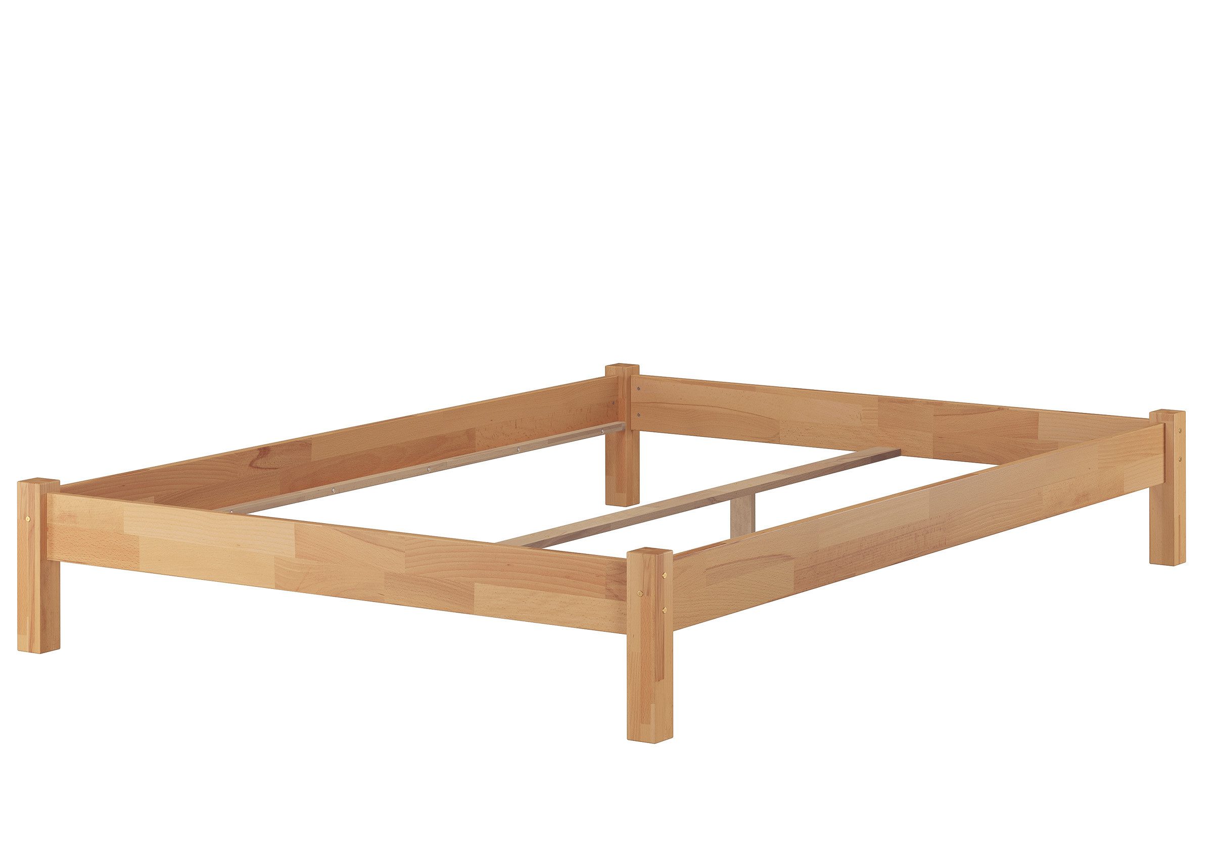 ERST-HOLZ Bettgestell Stabiles Holzbett 140 x 220 cm Doppelbett in Überlänge Buche Massiv, Buche farblos lackiert