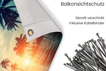 MuchoWow Balkonsichtschutz Meer - Sonnenuntergang - Palme - Wolken (1-St) Balkonbanner, Sichtschutz für den Balkon, Robustes und wetterfest