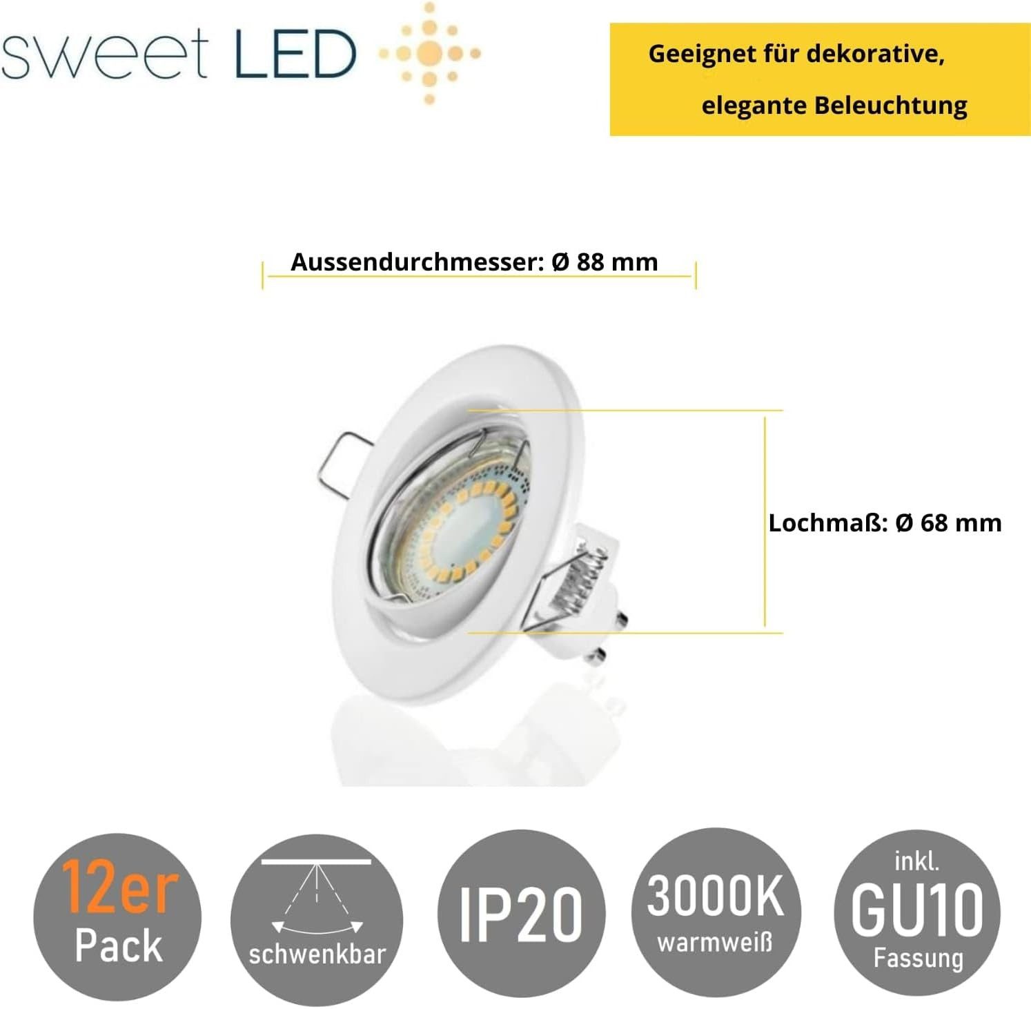 Sweet LED LED Einbaustrahler GU10 5W 230V Deckenstrahler 12er Set Weiß Schwenkbar 3000K Einbauspots, Deckenspots, Deckenstrahler,Einbauleuchten – Bild 4 von 5