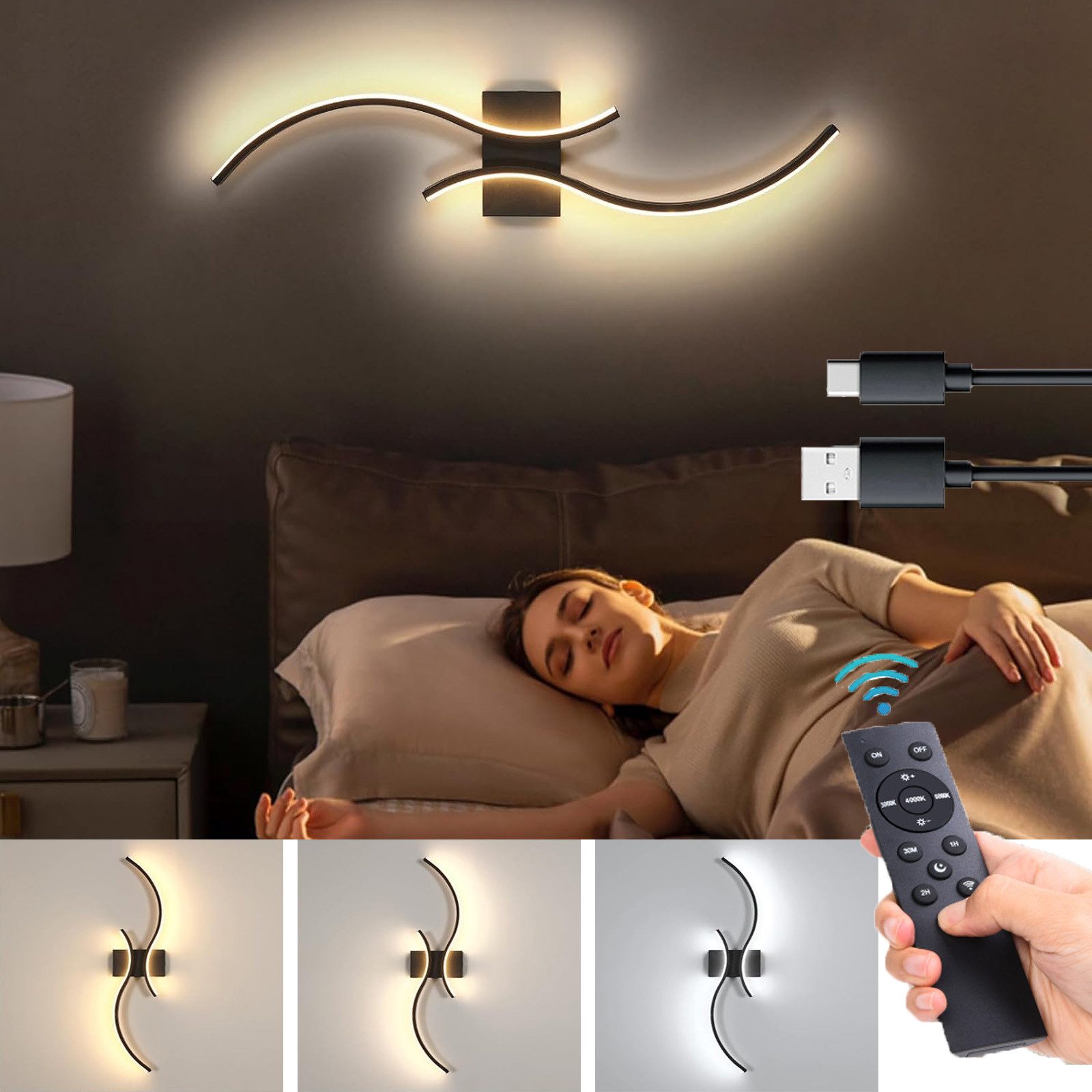 MUPOO Spiegelleuchte LED Wandleuchte Innen Dimmbar,Moderne Schwarz Wandleuchte Kabellose, 1 Stück, 3000–6000K, LED fest integriert, 100CM Lang Doppelbogen-Lampenkörper mit Fernbedienung und Kabel USB-C
