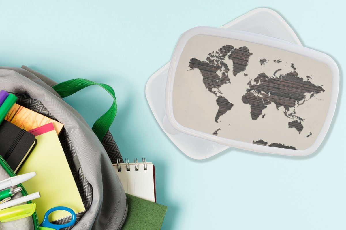 Holz, Brotdose, Braun Kunststoff, für Erwachsene, weiß Weltkarte und Kinder - Lunchbox Mädchen - (2-tlg), MuchoWow Jungs für und Brotbox