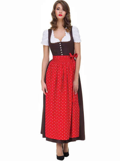 Almbock Dirndl Langes Dirndl Elena (2-tlg) braun mit roter Schürze