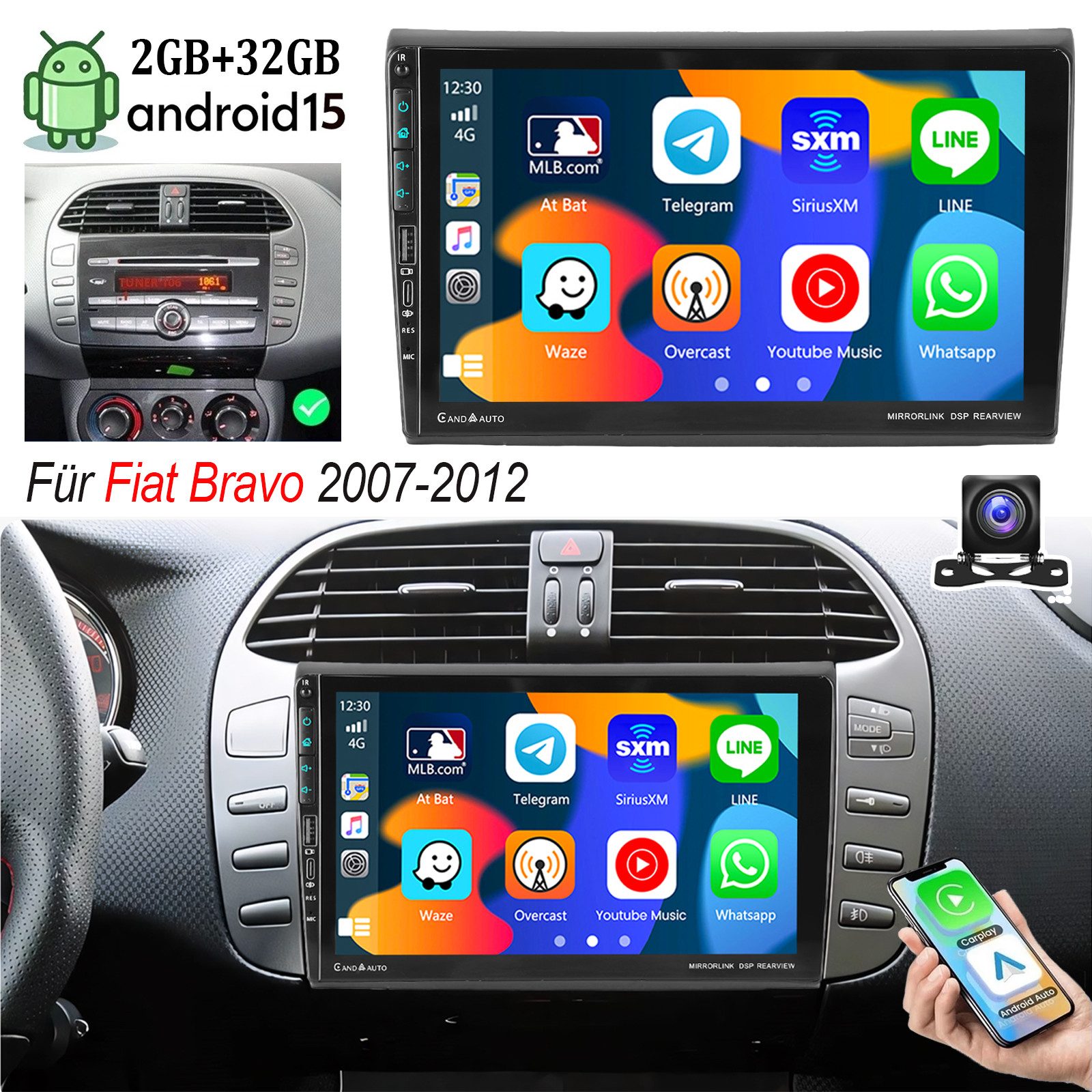 Autoradio Android15 Für Fiat Bravo 2007-12 CarPlay GPS USB- und Type-C Autoradio