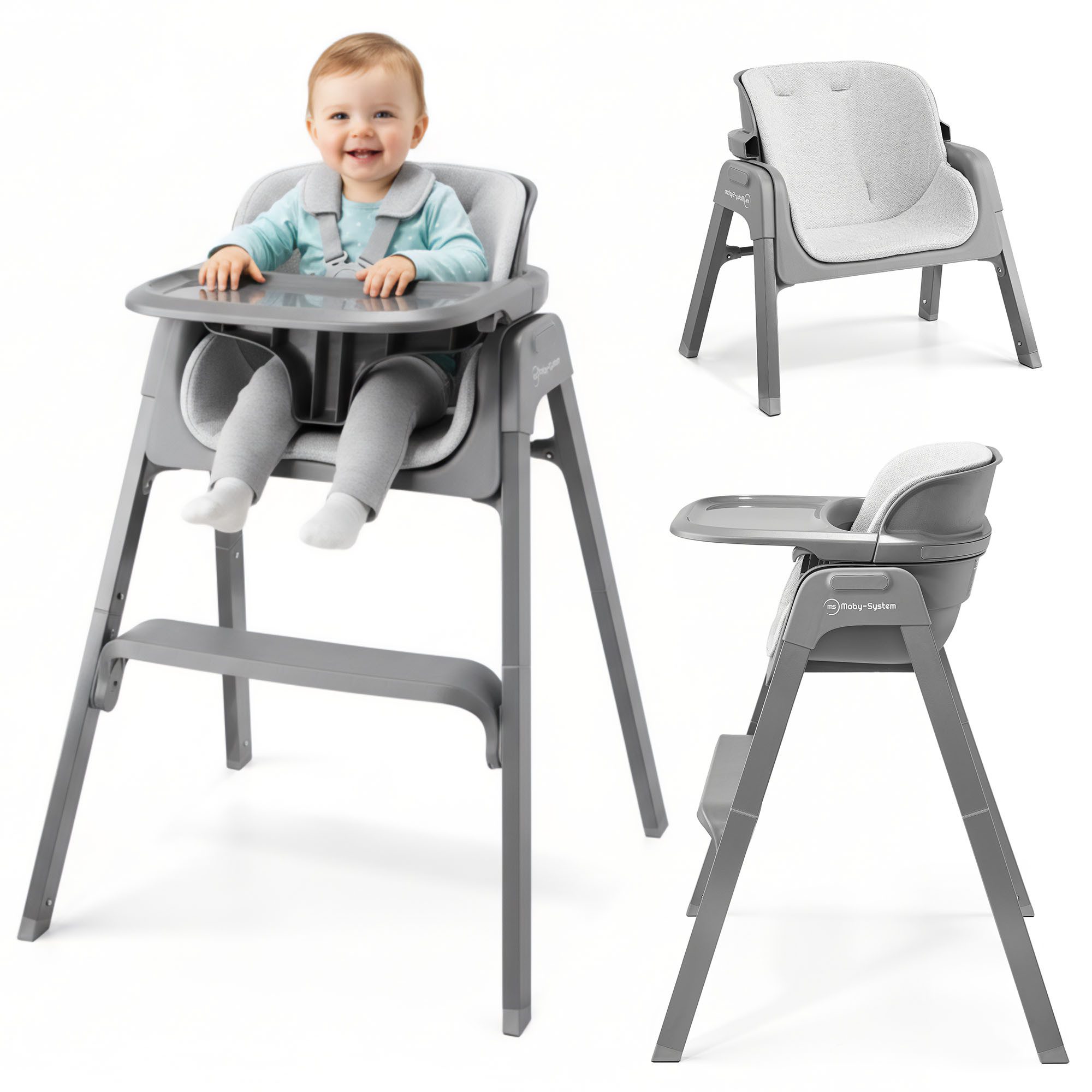 Kinderstuhl Moby-System Noxi 3in1 Hochstuhl klappbar grau