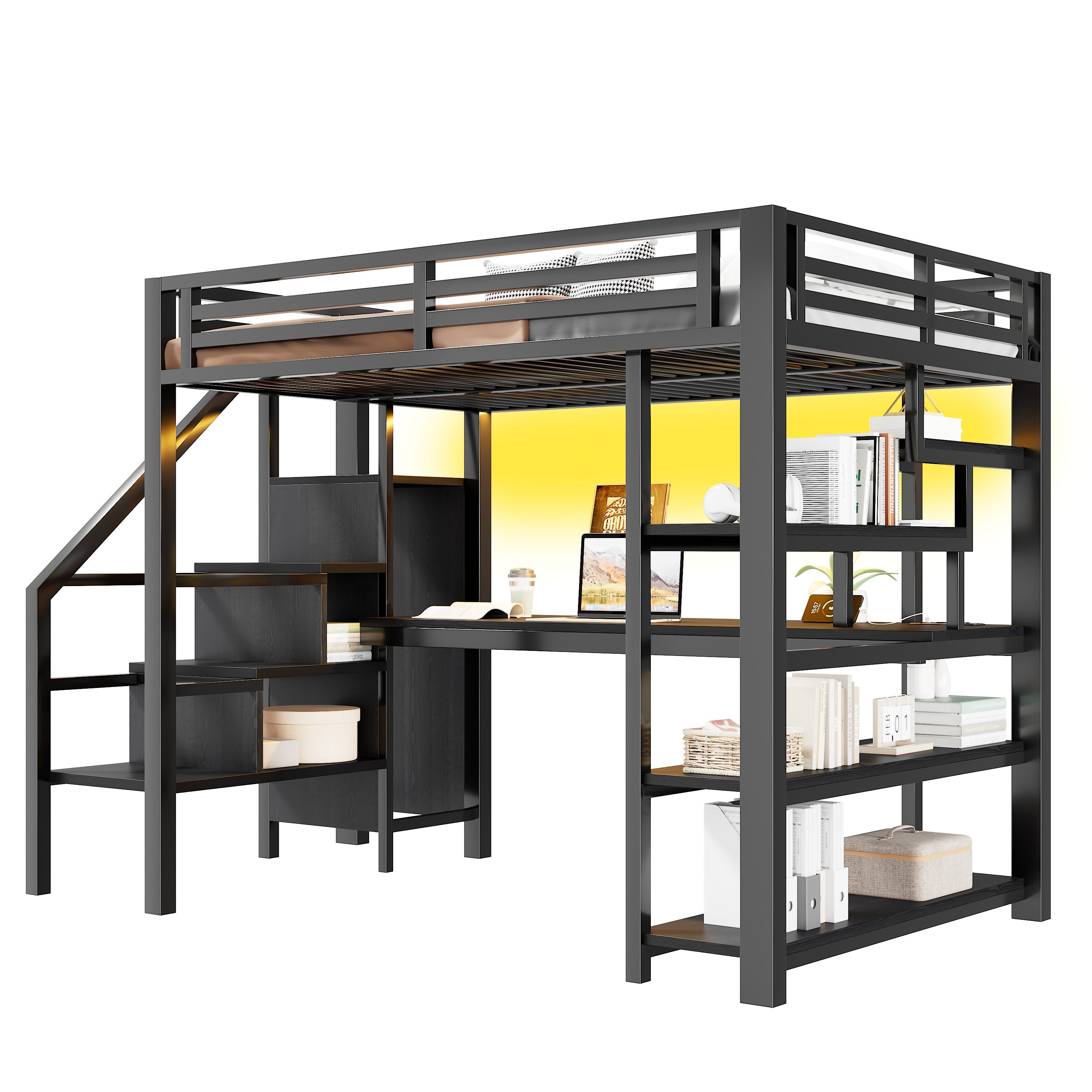 REDOM Hochbett Stauraumbett,Kinderbett (Metall-Hochbett mit Treppe und Stauraum Schwarz, 1-St., 140x200cm)