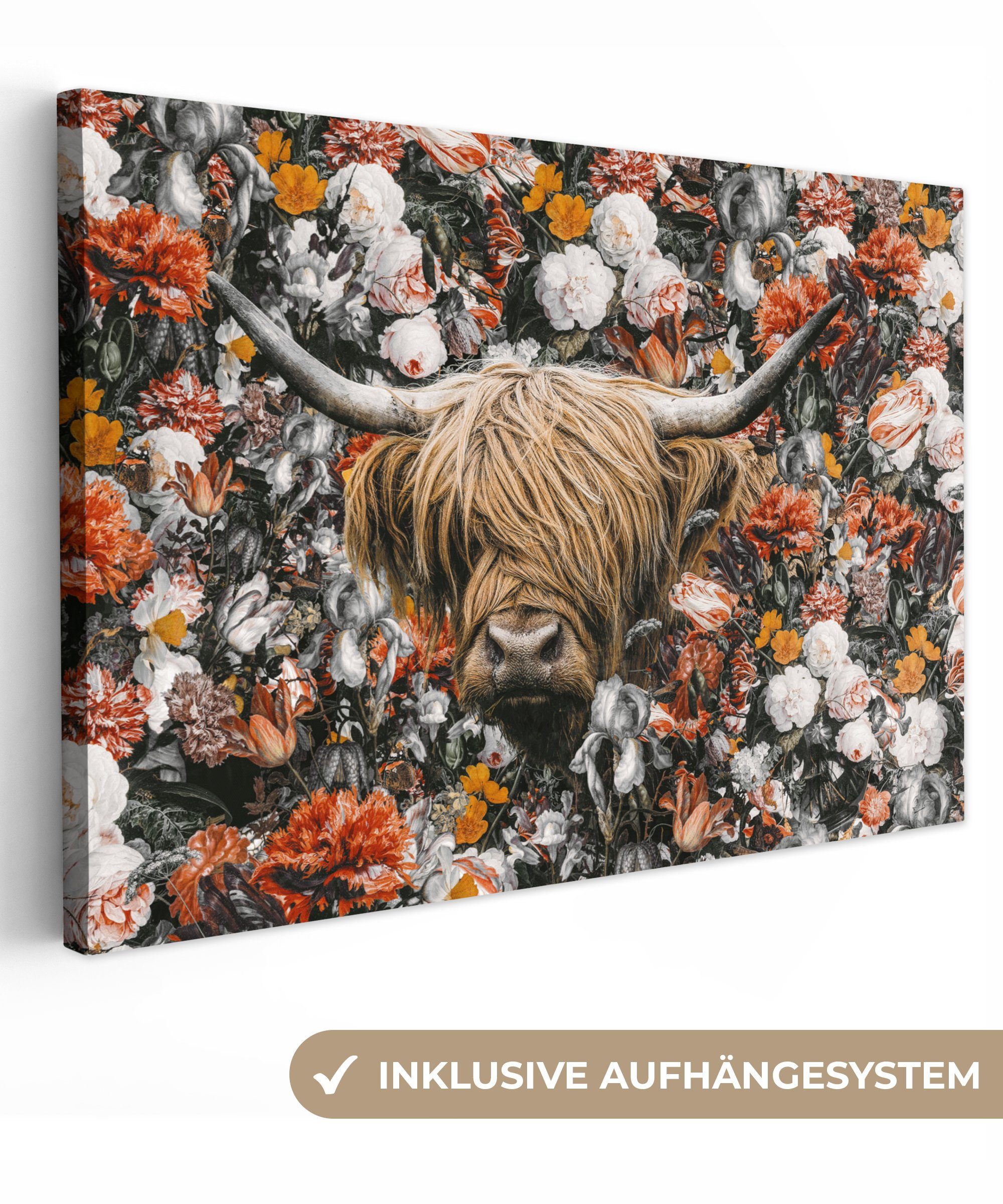 OneMillionCanvasses® Leinwandbild Schottischer Highlander - Blumen - Schwarz - Weiß, (1 St), Wandbild Leinwandbilder, Aufhängefertig, Wanddeko, 30x20 cm