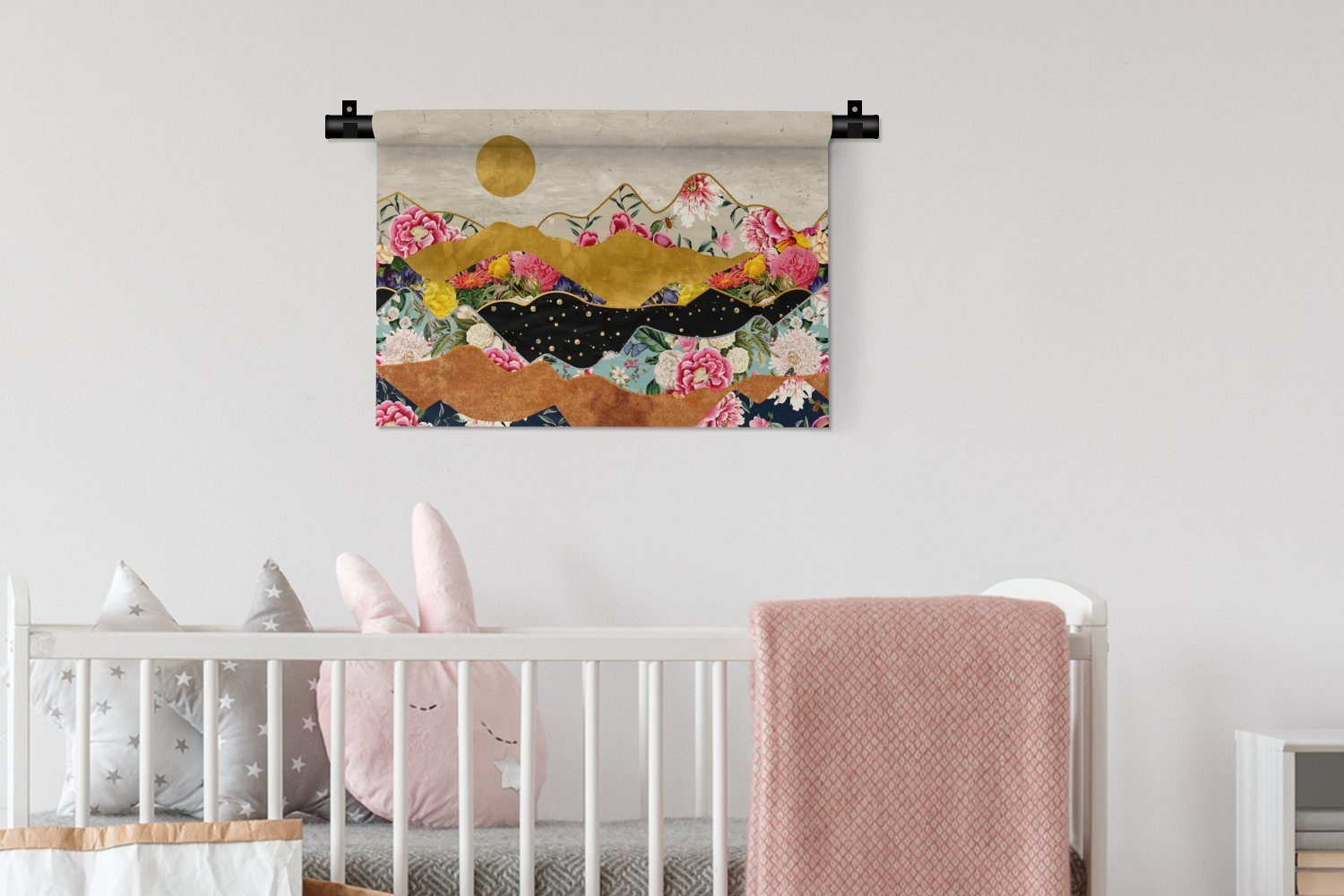 Wohnzimmer, Schlafzimmer, - Abstrakt - Blumen - - Landschaft für Wandbehang, - Muster, Kinderzimmer MuchoWow Kleid, Gold Wanddeko Druck Wanddekoobjekt