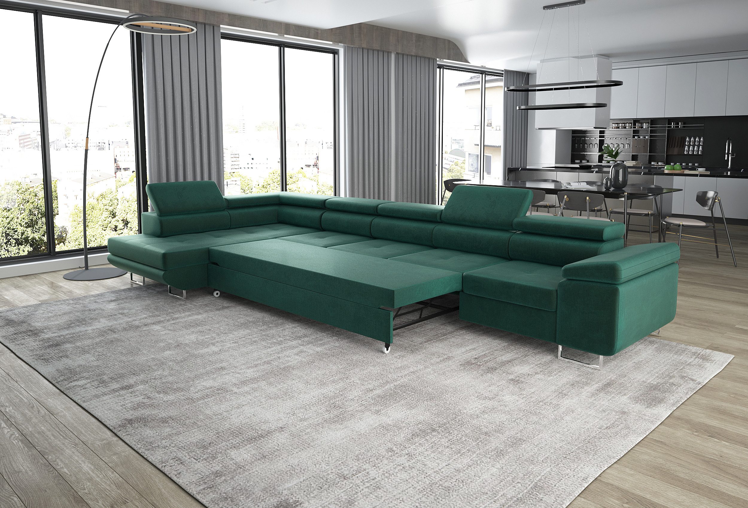 thematys Ecksofa ASTON MAXI 405 x 203cm mit Schlaffunktion & Bettkasten –, L-Sofa mit 5 verstellbaren Kopfstützen, Samt (Monolith), Cord (Poso) - L-Form, XL-Wohnlandschaft, 405 cm breit