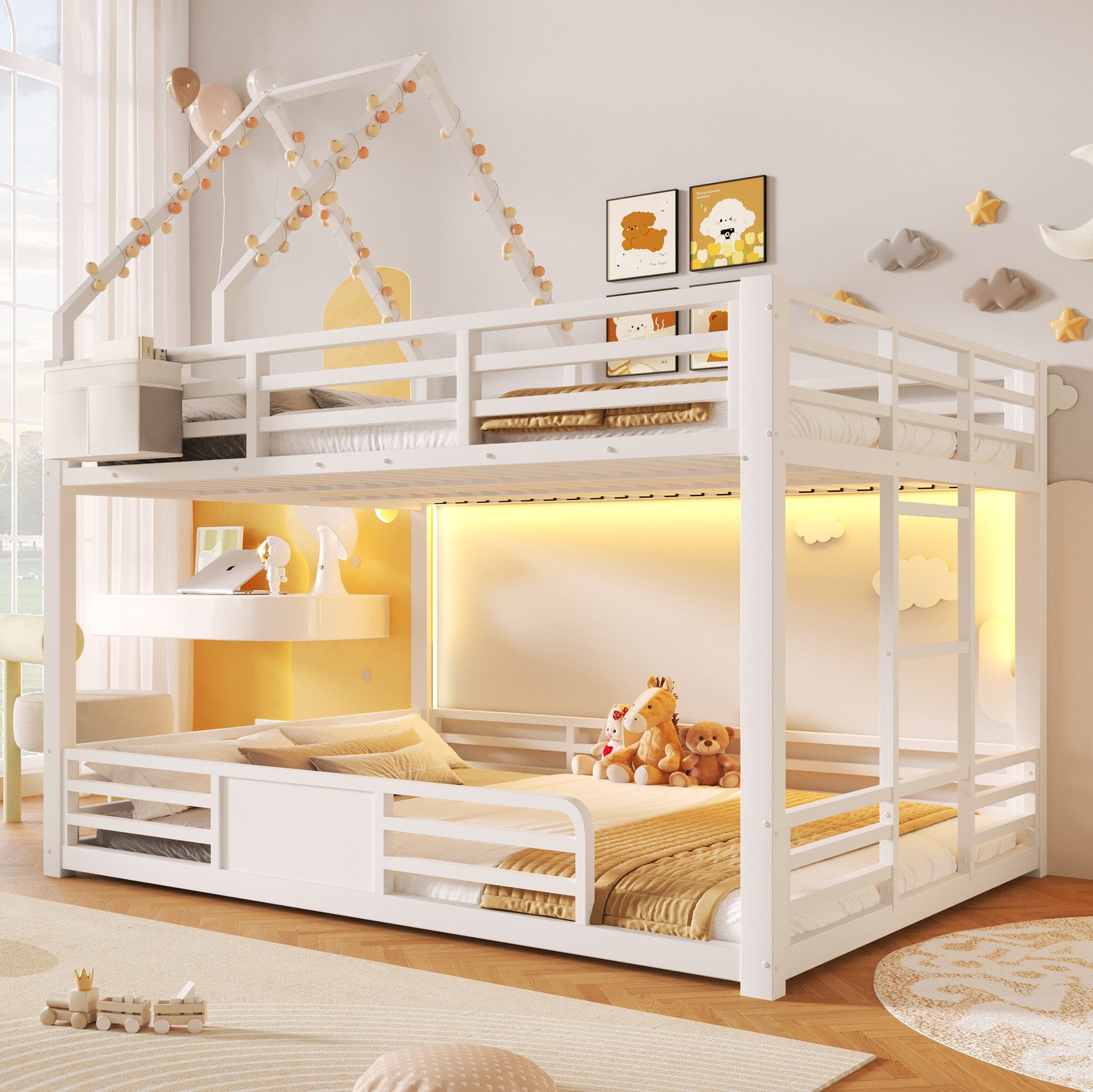 OKWISH Hochbett 140x200 cm Etagenbett Metall Weiß mit Hausbett Gestaltung (Packung, 1-St., Schlafbett mit Sicherheitsgeländer ohne Matratze fürs Kinderzimmer) Kinderbett mit LED Beleuchtung Dachrahmen und Stofftaschen