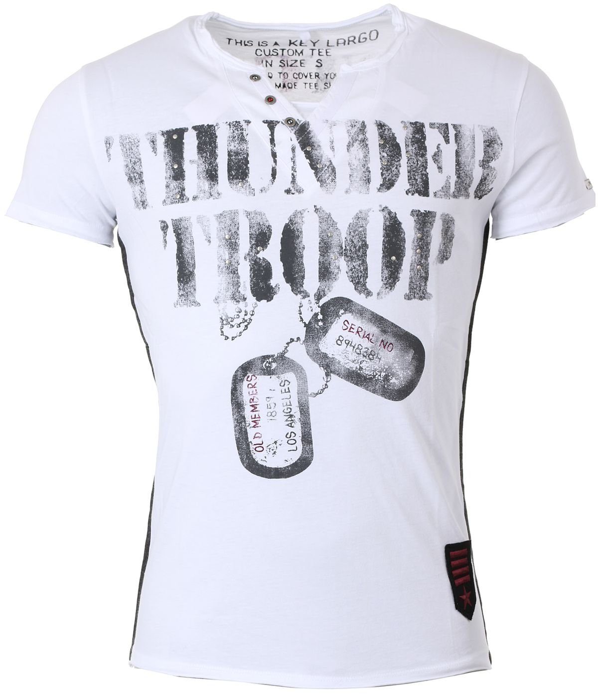Key Largo T-Shirt für Herren Thunder Troop button Army Print Motiv vintage Look MT00114 V-Auschnitt bedruckt kurzarm slim fit Weiß