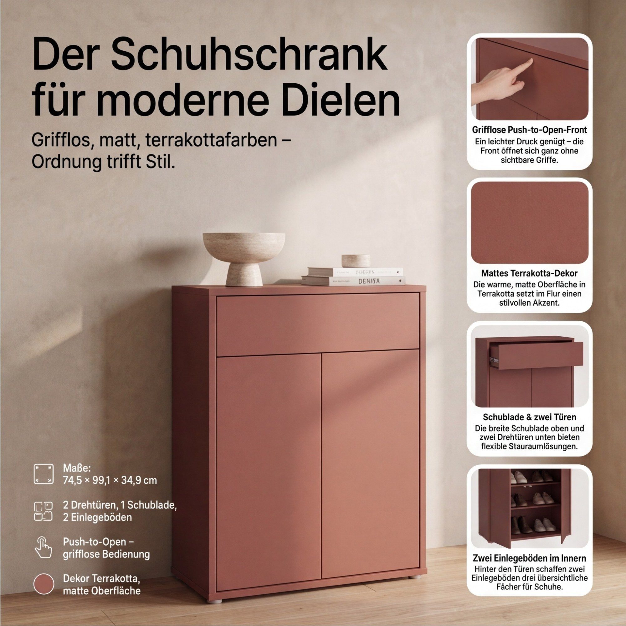 Newroom Schuhschrank Terrakotta 75 cm grifflos mit Schublade und 2 Türen für Flur und Diele – Bild 3 von 5