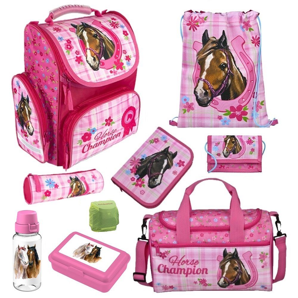 Familando Schulranzen Horse Champion Pferde Schultasche 1. Klasse (Set, 9-tlg., inkl. Federmappe und Sporttasche)