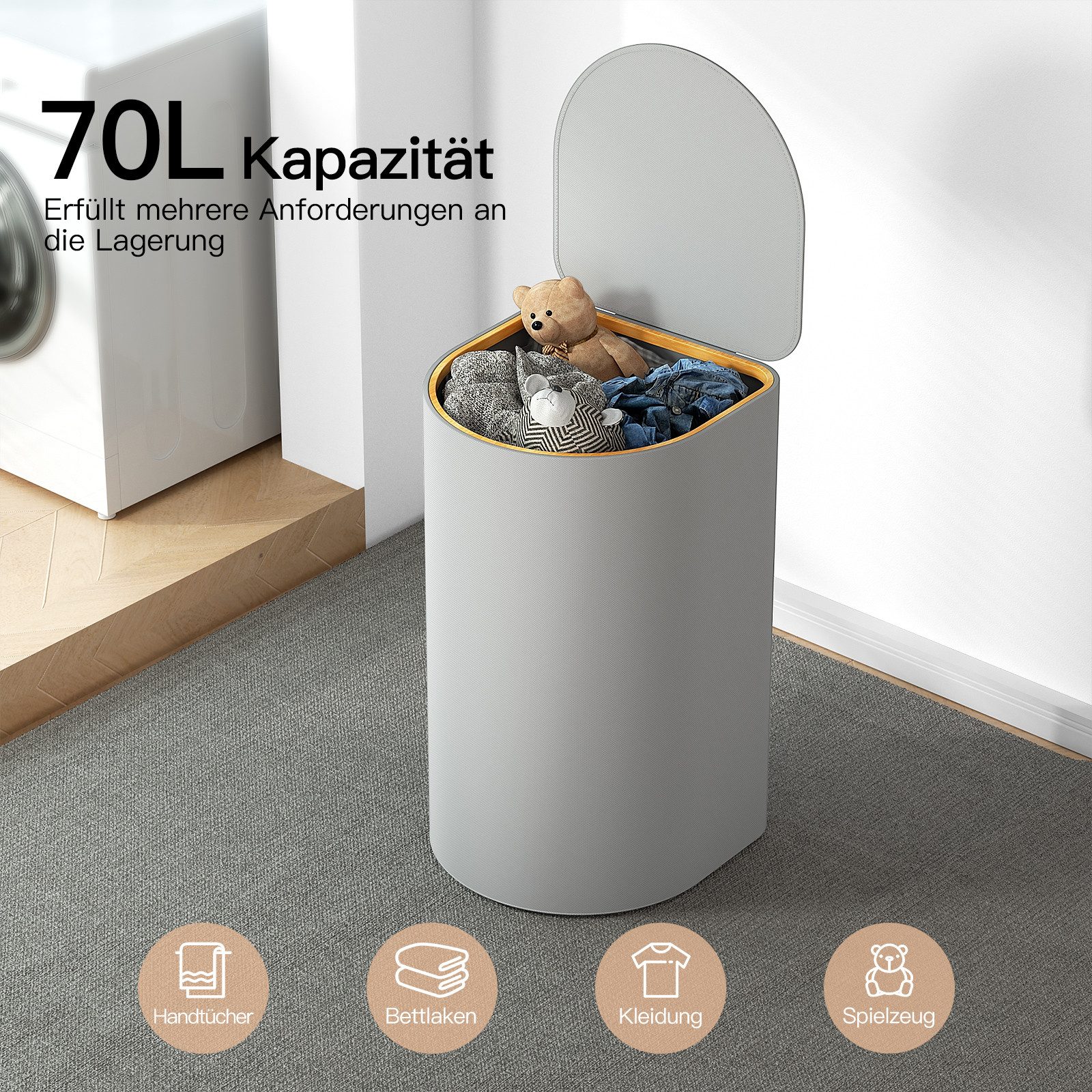 Rainsworth Wäschekorb 70L Wäschesammler - 4 Herausnehmbaren Wäschesäcke