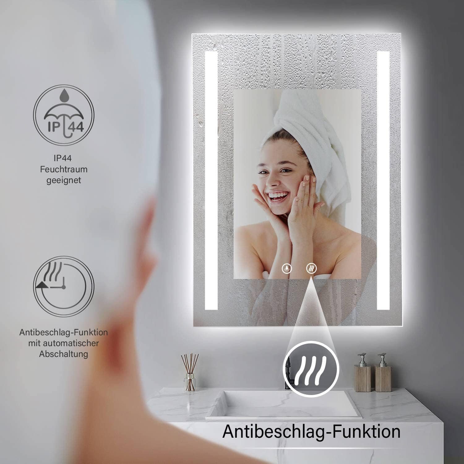 HOKO Badspiegel mit beleuchtung + Antibeschlag, Wandspiegel mit Licht 50x70/60x80cm, (Warmweiß - Kaltweiß - Neutral. Licht mit Touch Schalter und mit Wandschalt – Bild 5 von 5