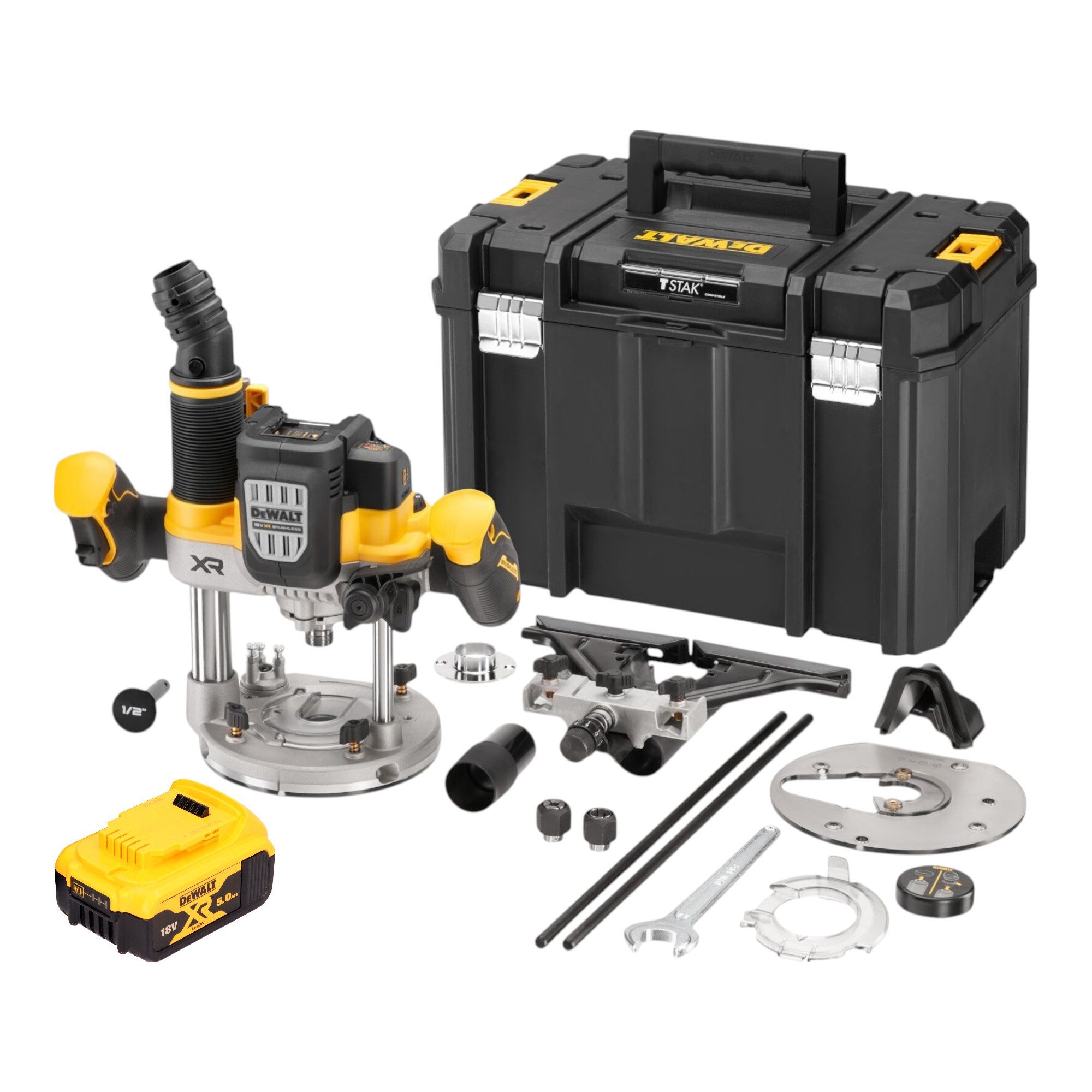 DeWalt Oberfräse DCW 620 NT 18 V 12 mm + 1x Akku 5,0 Ah + TSTAK - ohne Ladegerät