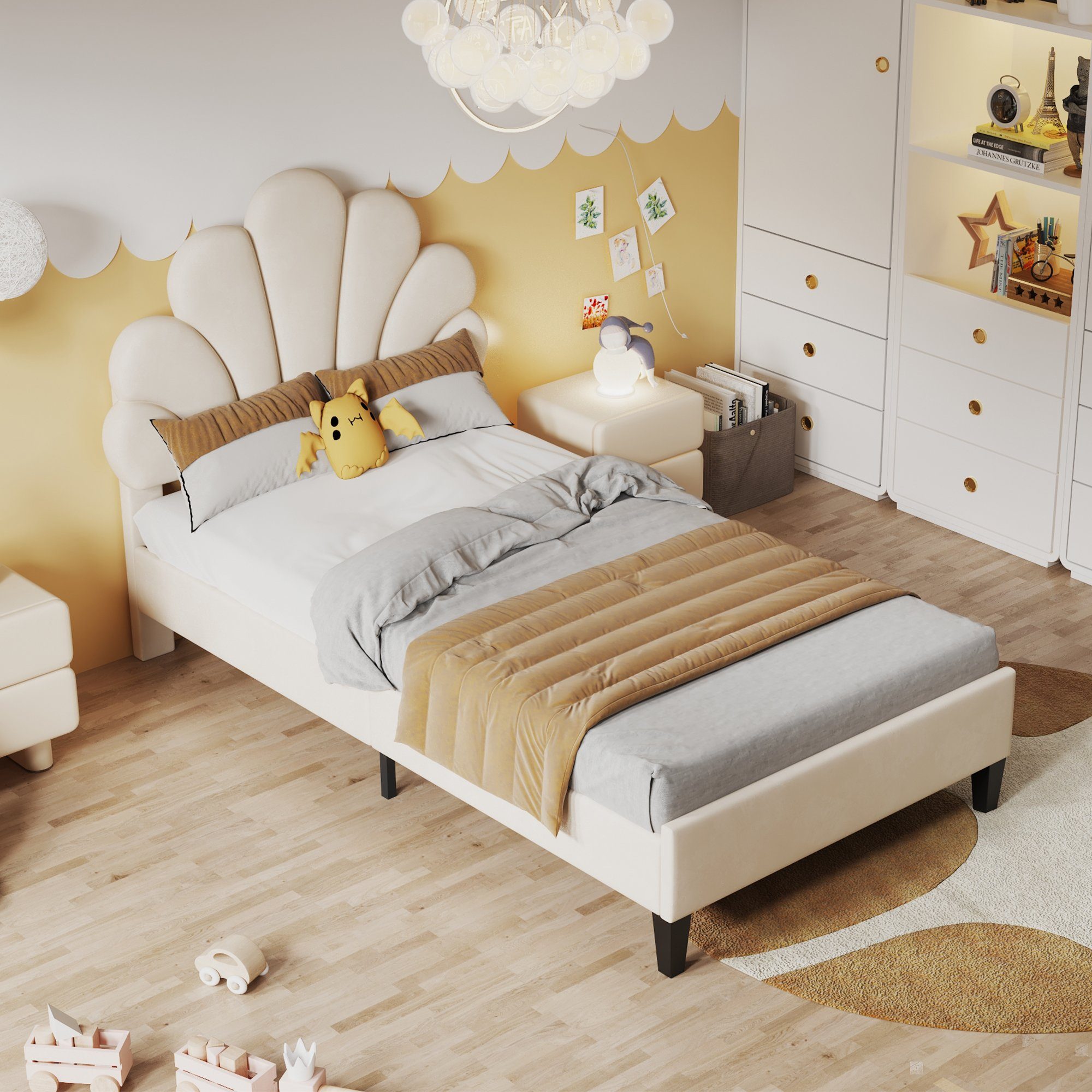 Flieks beige Samt Blumenform-Kopfteil Kinderbett 90x200cm Einzelbett Polsterbett,