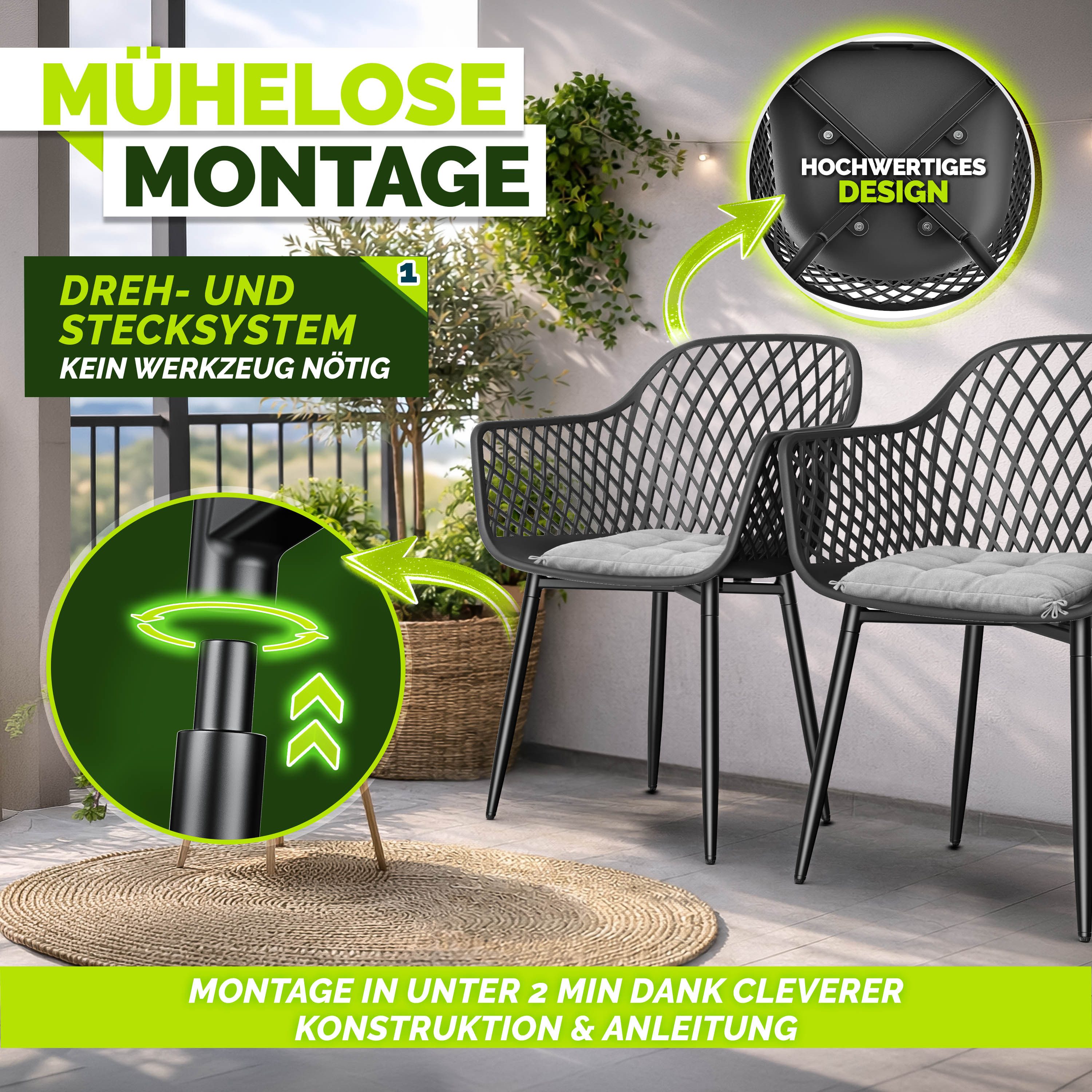 tillvex Gartentisch tillvex® Movo Gartenstühle mit Metallfüßen (Gartenstühle UV-beständig Terrassenstuhl Gartenmöbel, 4-St., Terrasse Balkon Outdoor Garten), be – Bild 4 von 5