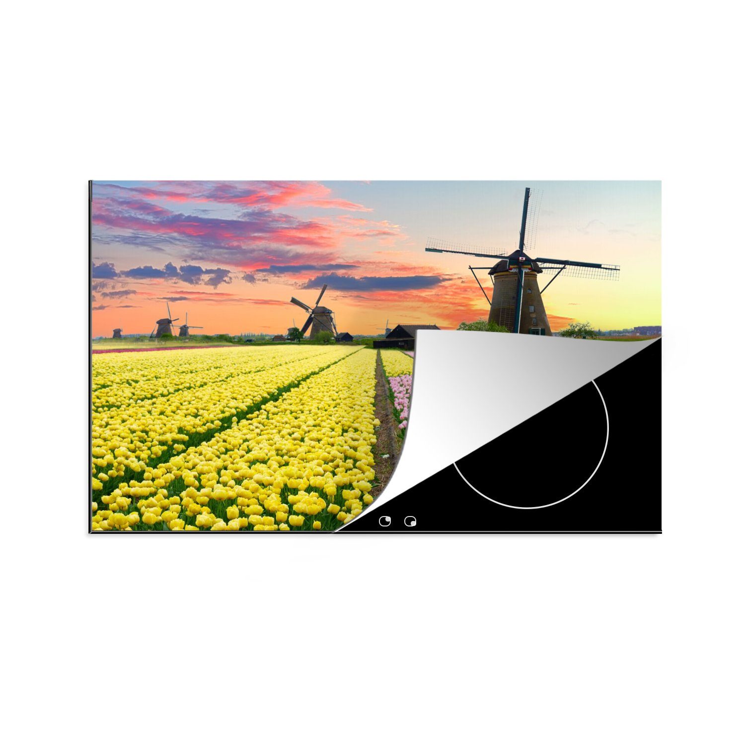 MuchoWow Herdblende-/Abdeckplatte Windmühle - Tulpen - Blumen - Niederlande, Vinyl, (1 tlg), 80x52 cm, Induktionskochfeld Schutz für die küche, Ceranfeldabdeckung