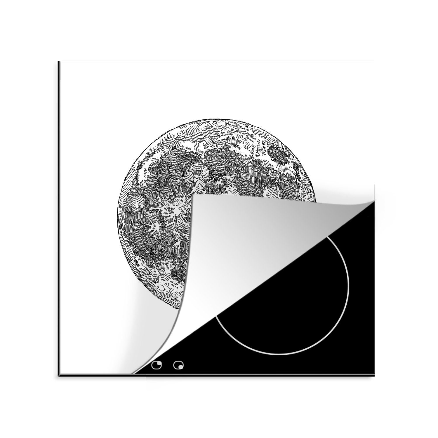 des Arbeitsplatte tlg), (1 schwarz-weiße Vinyl, Herdblende-/Abdeckplatte MuchoWow Illustration küche 78x78 für cm, Eine Mondes, Ceranfeldabdeckung,