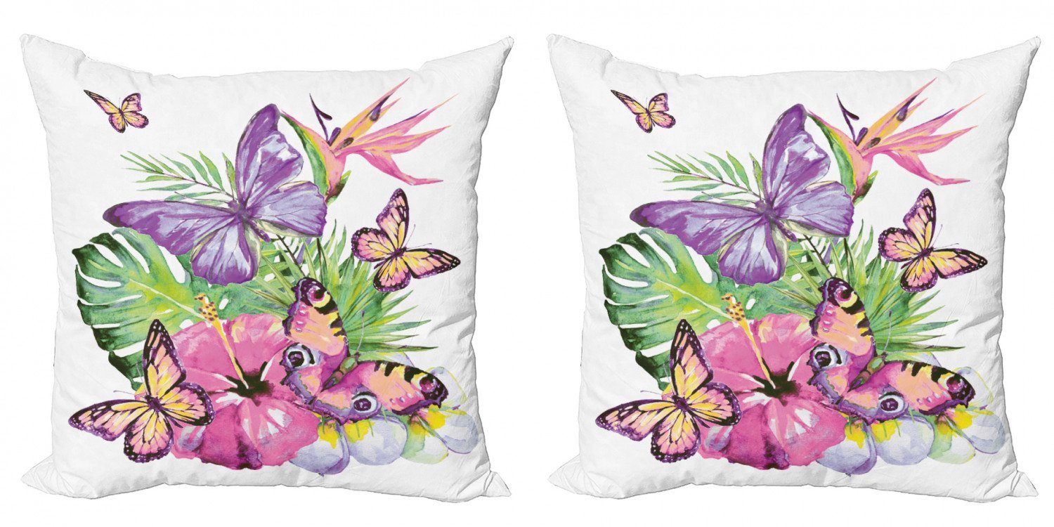 Pflanze Accent Aquarell Kissenbezüge Stück), Schmetterlinge Modern Tropic Abakuhaus (2 Doppelseitiger Digitaldruck,