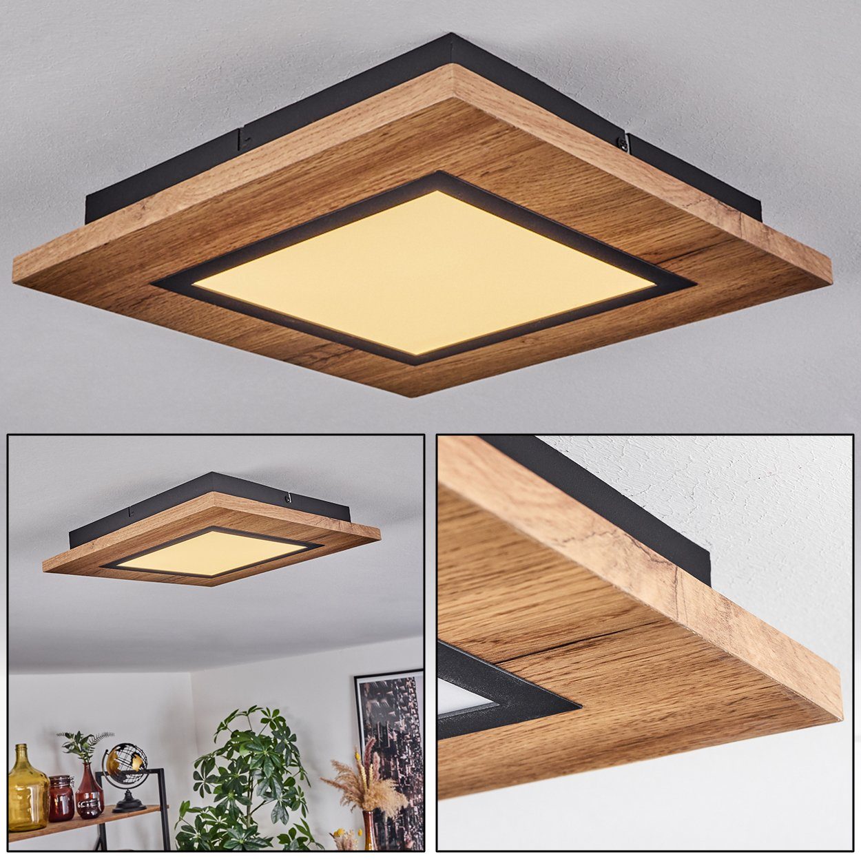 hofstein Deckenleuchte Deckenlampe aus Metall/MDF/Kunststoff in Schwarz/Holzoptik/Braun/Weiß, LED fest integriert, 3000 Kelvin, eckige Leuchte (30 cm x 30 cm), 1200 Lumen, LED 12 Watt