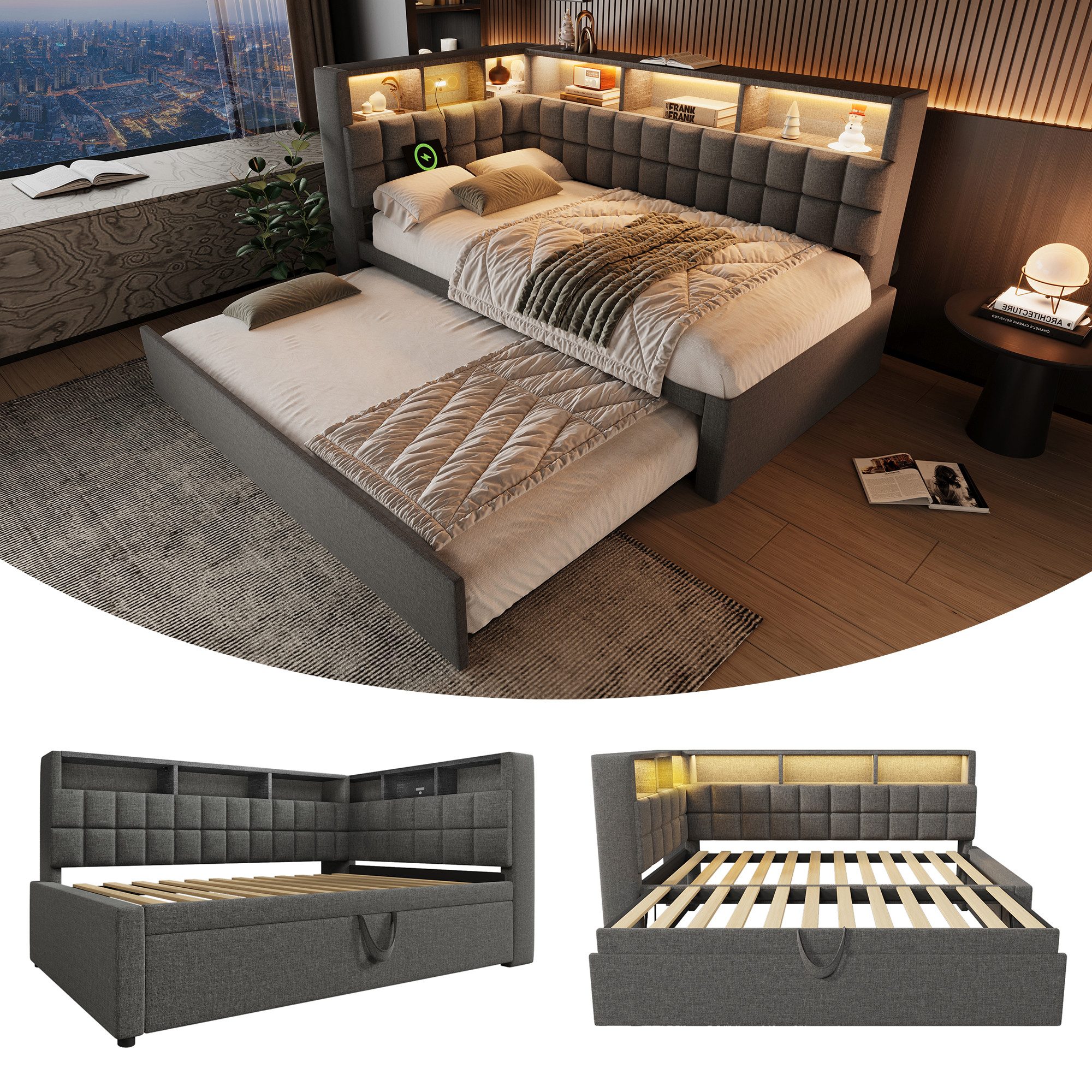 OKWISH Polsterbett Leinen-Ausziehbett 90/180x200 cm mit LED, Bluetooth und Stauraum. (Funktionsbett, 1-tlg., L-Kopfteil mit Stauraumregal, Schlafsofa/Gästebett), mit LED-Beleuchtung & USB/Type-C Ladestation