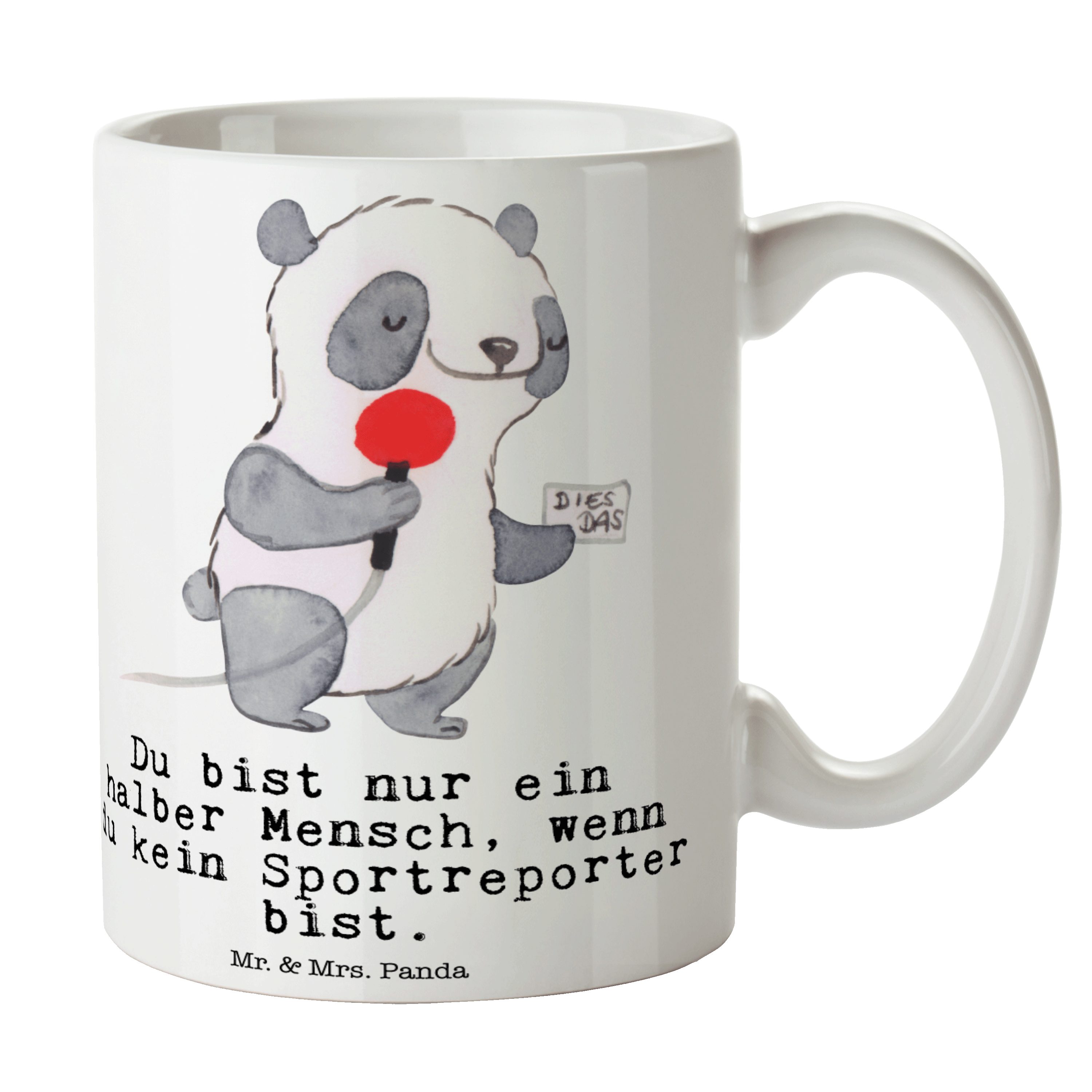 Mr. & Mrs. Panda Tasse Sportreporter mit Herz - Weiß - Geschenk, Teebecher, Danke, Becher, D, Keramik