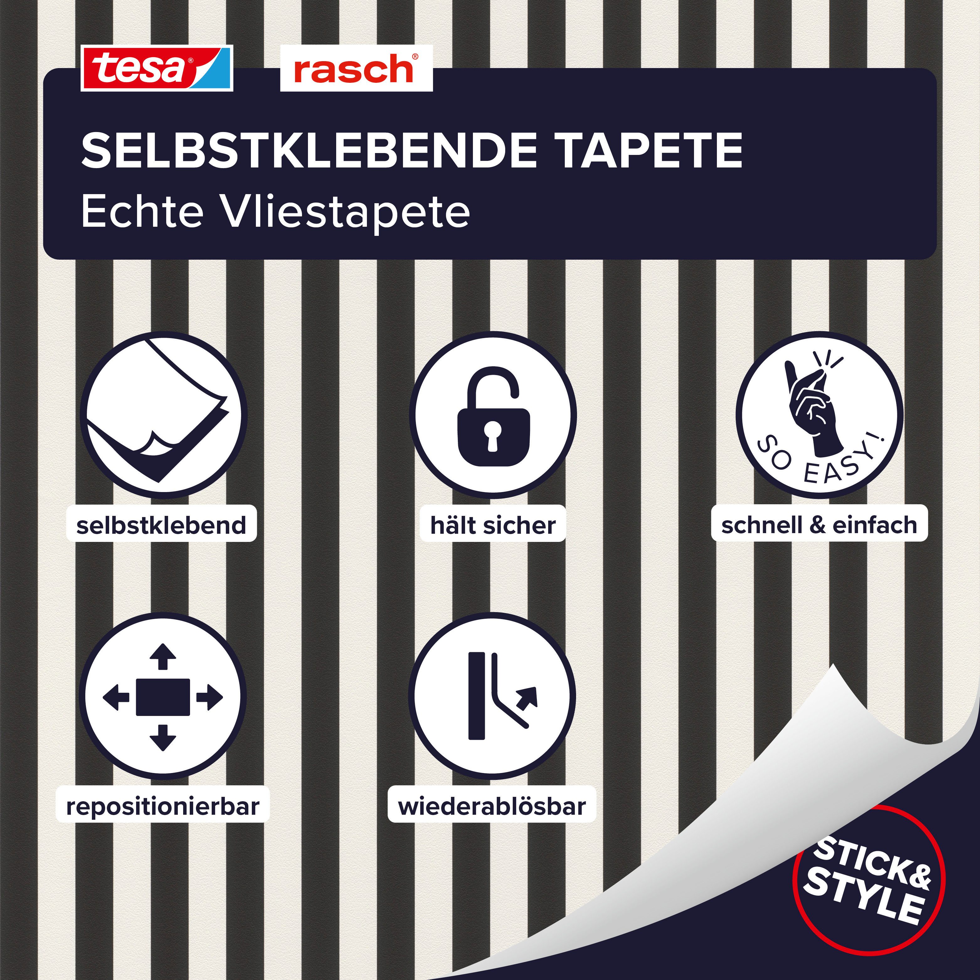 Rasch Vliestapete Lenny - Selbstklebende Tapete schwarz weiß gestreift - tesa® x rasch®, strukturiert, Streifen, gestreift, schwarz-weiß, (1 St), selbstklebend, 6,00m x 0,53m