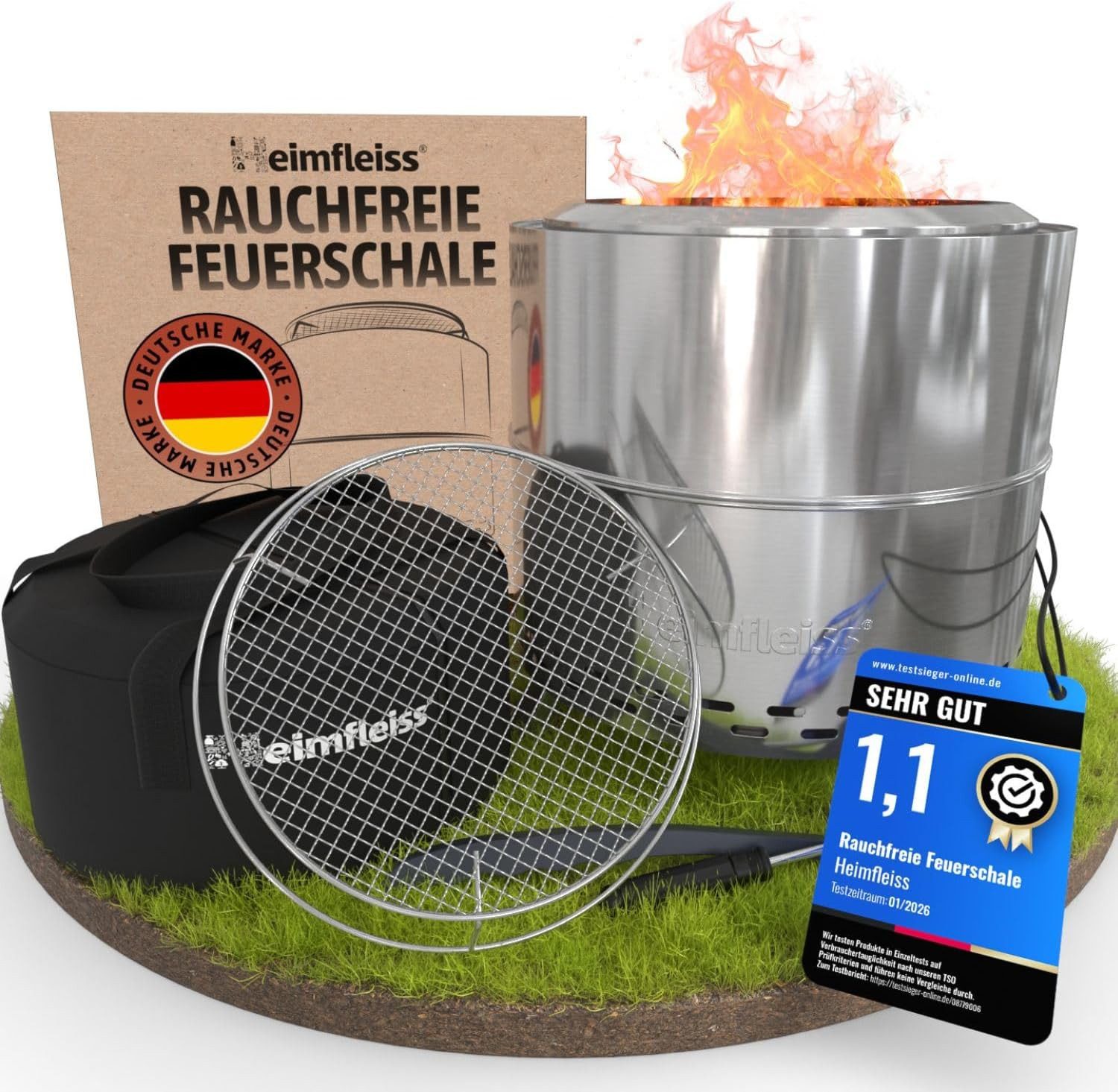 Heimfleiss® Feuerschale Feuerstelle Edelstahl 304 rauchreduziert Camping, (Komplettset mit Grillrost, 6-St., inkl. Topfhalter & Tragetasche), windgeschützt Ø 50 cm