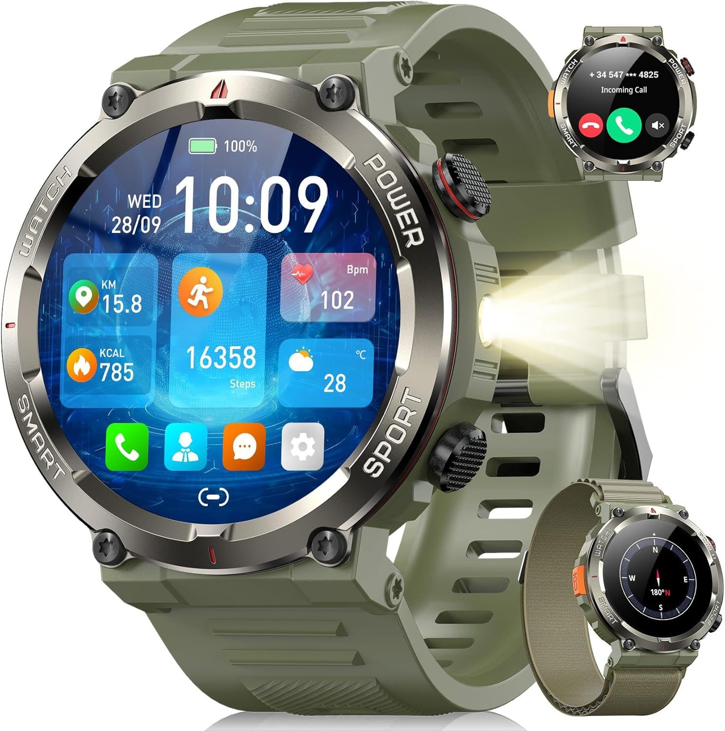 blackview Militärische Smartwatch für Herren mit 960mAh(30 Tage),Telefonfunktion Smartwatch (1.45 Zoll, iOS/Android), 2-tlg., 3 x Riemen / 2 x Riemen und Ladekabel, Sprachassistent,LED-Taschenlampe,Kompass,150+ Sportmodi,Schritten,IP68